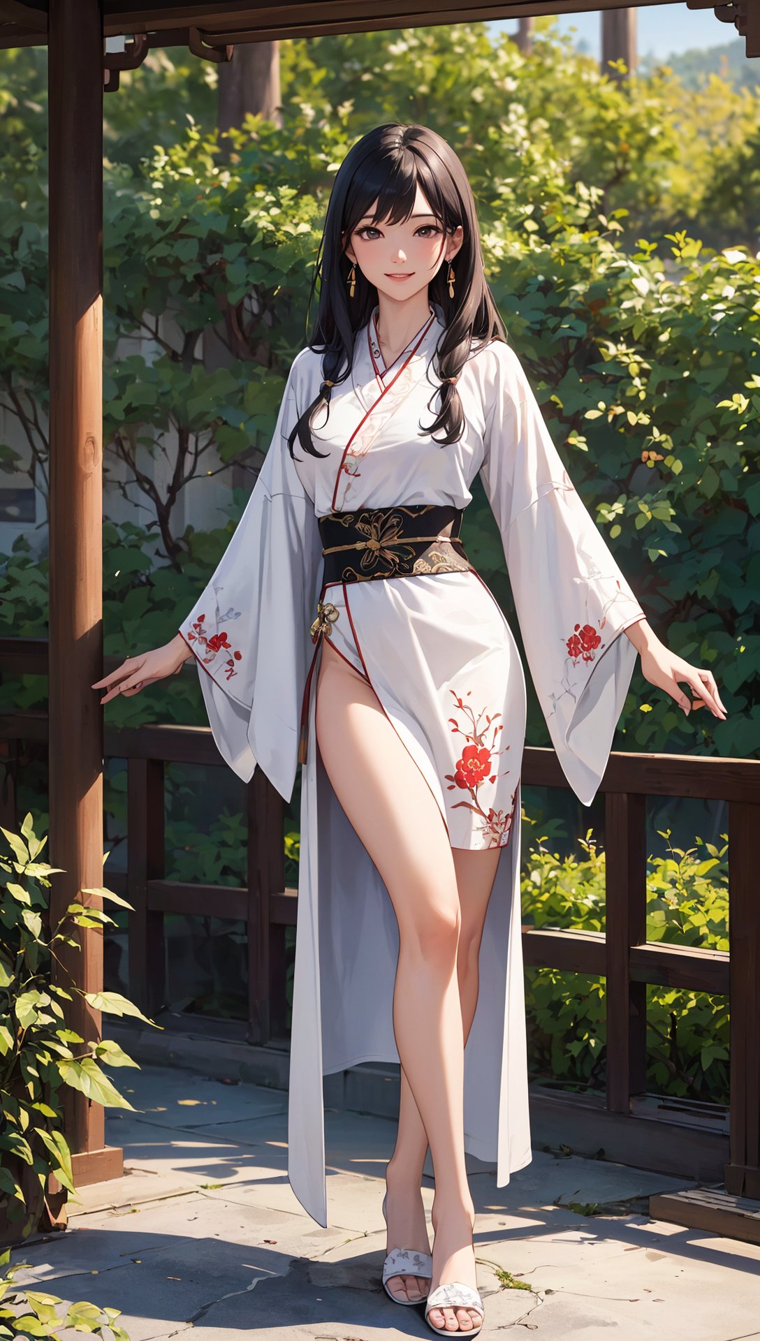 (best quality, masterpiece, 8K, ultra high res, realistic:1.3),(Beautiful and detailed face:1.2),(full body:1.2),1girl,black long hair,solo,looking at viewer,big breasts,slim body,arms at sides,smile,(Extremely detailed light white chinese long embroidery silk robe:1.2),earrings,hairpin,necklace,architecture,east asian,riverside,forest,