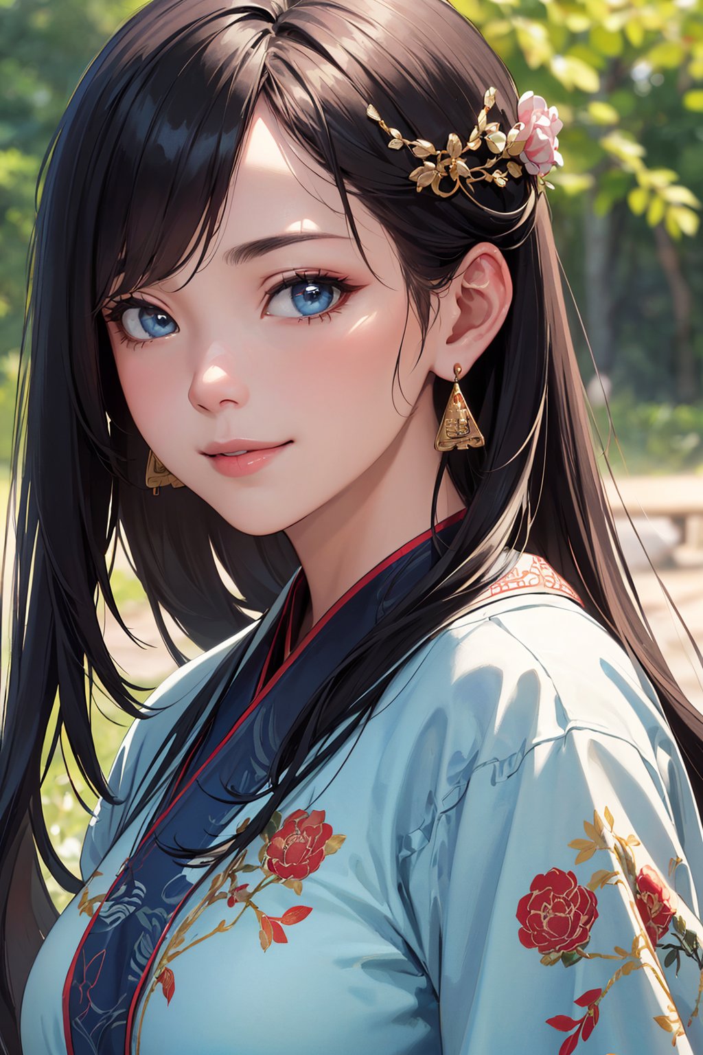 (best quality, masterpiece, 8K, ultra high res, realistic:1.3),(Beautiful and detailed face:1.2),(close-up:1.2),1girl,solo,looking at viewer,big eyes,big breasts,slim body,arms at sides,smile,(Extremely detailed light blue chinese long embroidery silk robe:1.2),earrings,hairpin,necklace,architecture,east asian,riverside,forest,