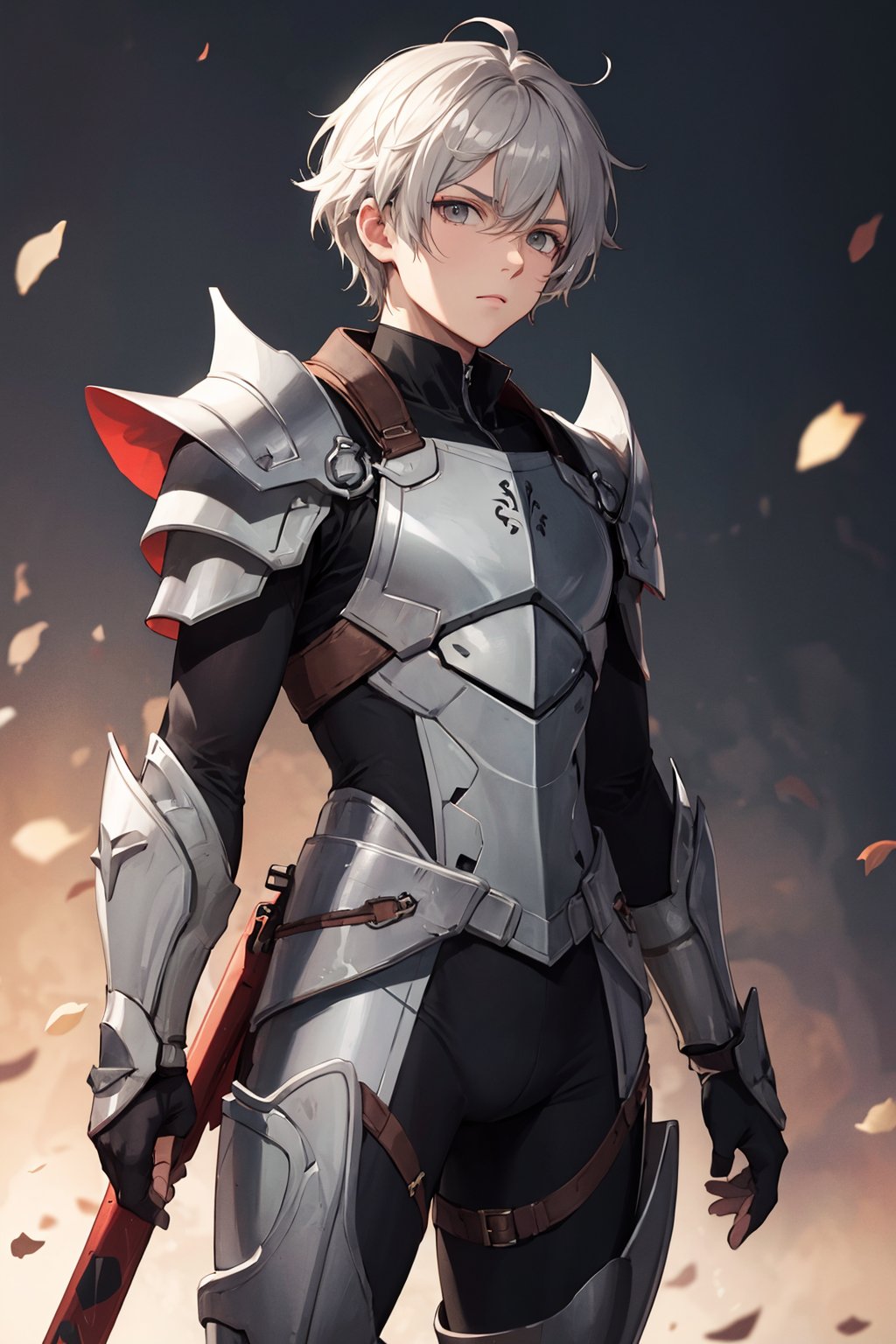 ultra detailed,masterpiece,best quality,aesthetic,detailed,serious,1boy,(white eyes:1.1),(grey eyes:1.3),black bodysuit,armor,gauntlets,greaves,