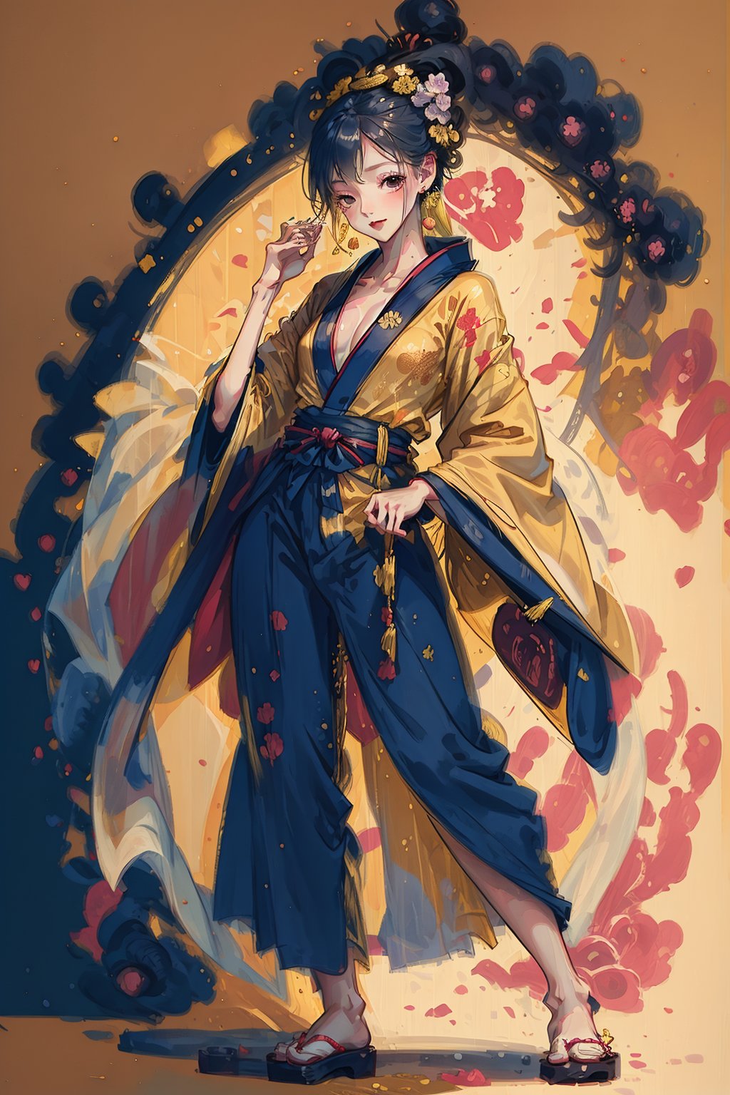 1girl,yukata re,long yellow hair,fashion theme,earrings,raised_hand,nsfw, , yukata re