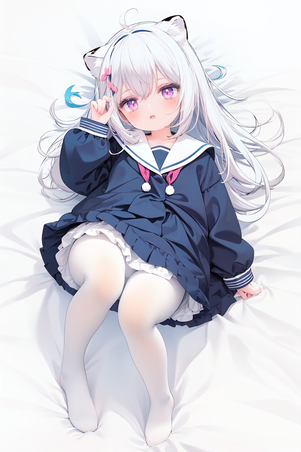  cute,Infant,solo blue shirt,blue sailor coat,loli,full body,white hair,snow leopard ear,white background,pink eyes,laugh,happy,white pantihose,white pantyhose,red armband,