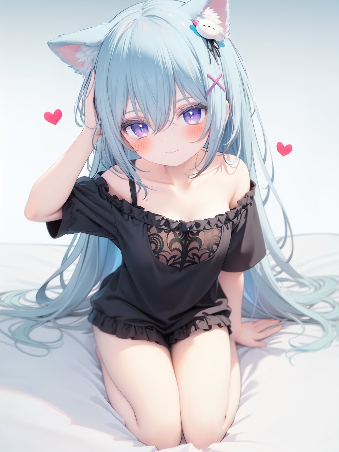  petite, loli, solo, animal ears, heart, puffy short sleeves, blue hair, long hair, off shoulder, bangs, hair ornament, gradient background,rainbow gradient, x hair ornament, animal ear fluff, looking at viewer, very long hair, blush, smile, cat ears, bare shoulders, collarbone, hand up, gradient sweater, hair between eyes, symbol-shaped pupils, arm up, heart-shaped pupils, hairclip, medium breasts, salute, bare legs,full body