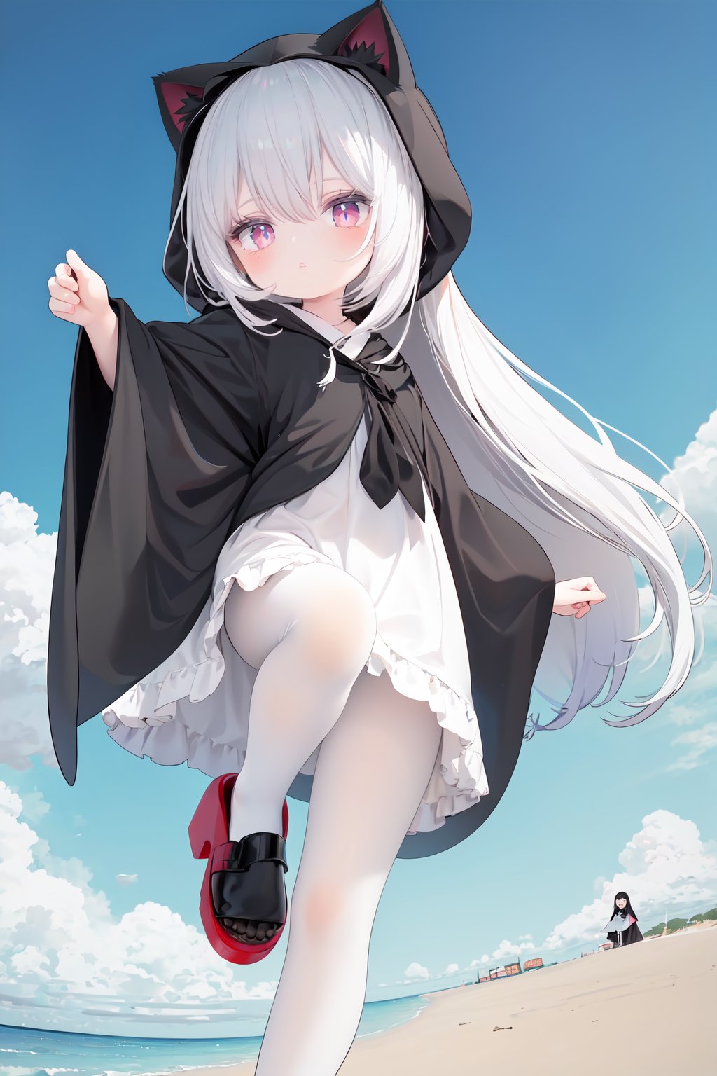  1girl, loli, petite child, white hair, long hair, red eyes, grim reaper, black robe, cat_hood, standing on one leg, another leg up, trample, white pantyhose, foot soles, underfoot, look down, shadow,beach, (from below:1.2)