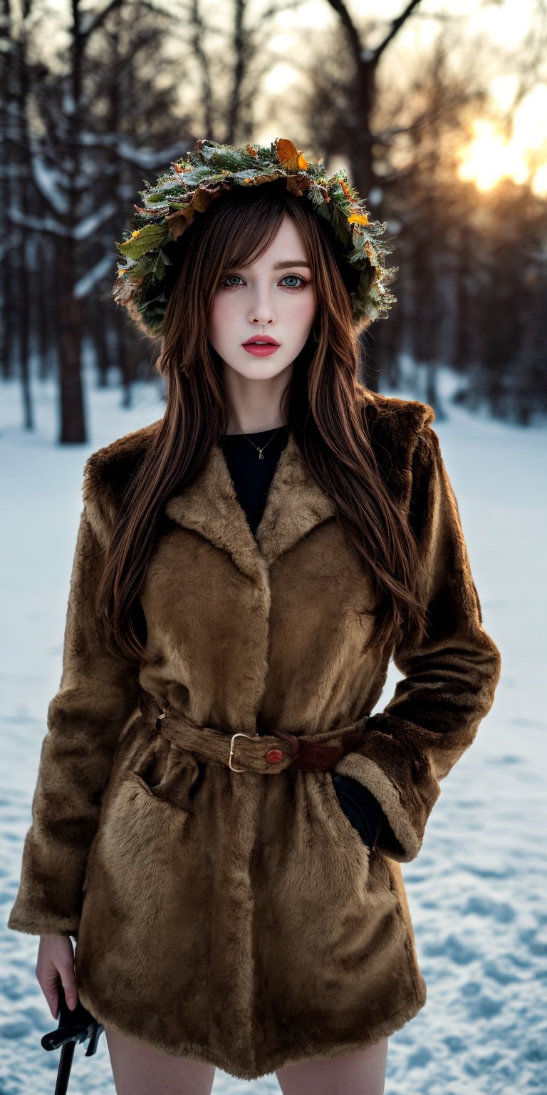 Best quality, 32k, (UHD::1.2), create photo realistic beautiful woman dressed up as a sexy Belsnickel. (Belsnickel wears furs and a fur round Russian Style hat with leaves and twigs). Typically very ragged and disheveled, wears torn, tattered, and dirty dress, detailed eyes, ((carries a whip in hand with which to beat naughty children)). Christmas time, outside in the snow at sunset, beautiful lighting.