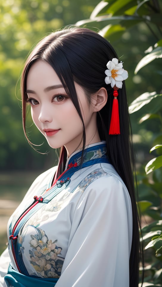 (best quality:1.4),(masterpiece:1.4),(8K:1.4),(extremely detailed:1.4),(Beautiful and detailed face:1.2),(close up:1.2),1girl,solo,looking at viewer,arms at sides,smile,(Extremely detailed chinese clothes:1.2),hanfu,architecture,east asian,riverside,forest,