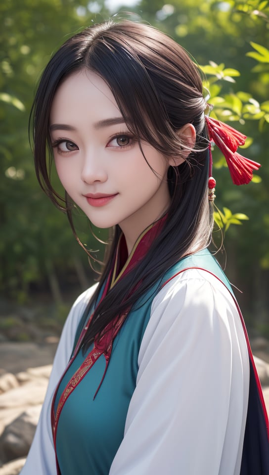 (best quality:1.4),(masterpiece:1.4),(8K:1.4),(extremely detailed:1.4),(Beautiful and detailed face:1.2),(close up:1.2),1girl,solo,looking at viewer,arms at sides,smile,(Extremely detailed chinese clothes:1.2),hanfu,architecture,east asian,riverside,forest,