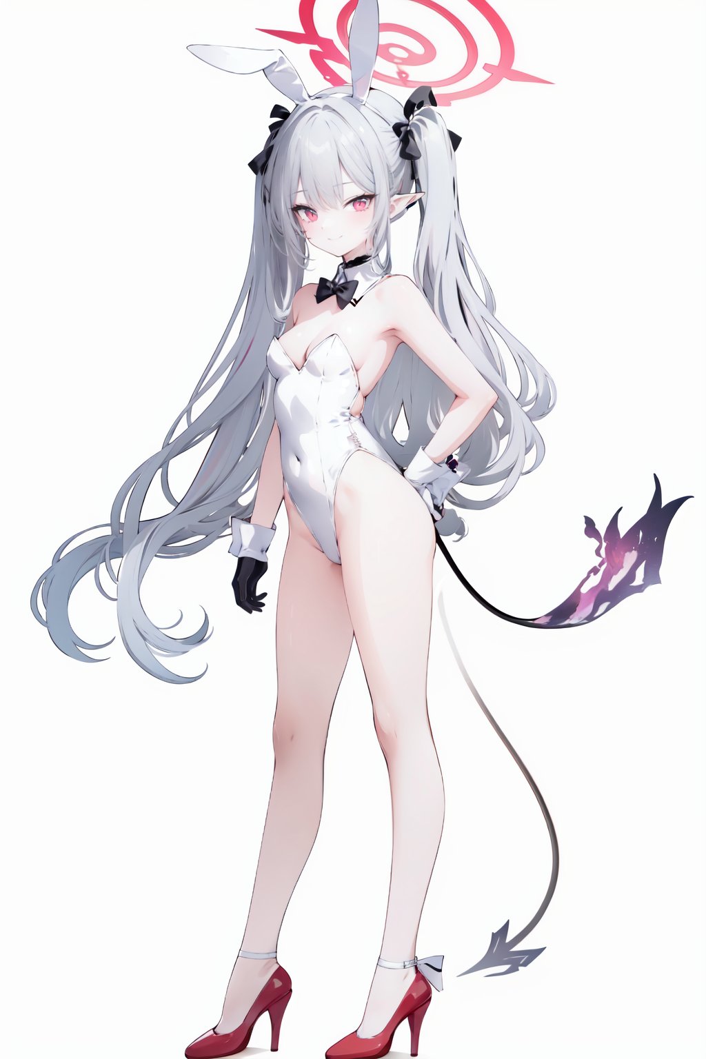 1girl, solo, high heels, playboy bunny, animal ears, gloves, leotard, red eyes, twintails, breasts, halo, long hair, rabbit ears, tail, small breasts, full body, detached collar, bow, white gloves, very long hair, simple background, white leotard, white background, bowtie, grey hair, looking at viewer, fake animal ears, bare legs, red footwear, pointy ears, black bow, strapless leotard, standing, demon tail, bare shoulders, iori \(blue archive\), strapless, hand on hip, highleg leotard, bangs, highleg, alternate costume, black bowtie, blush, cleavage, covered navel, rabbit tail