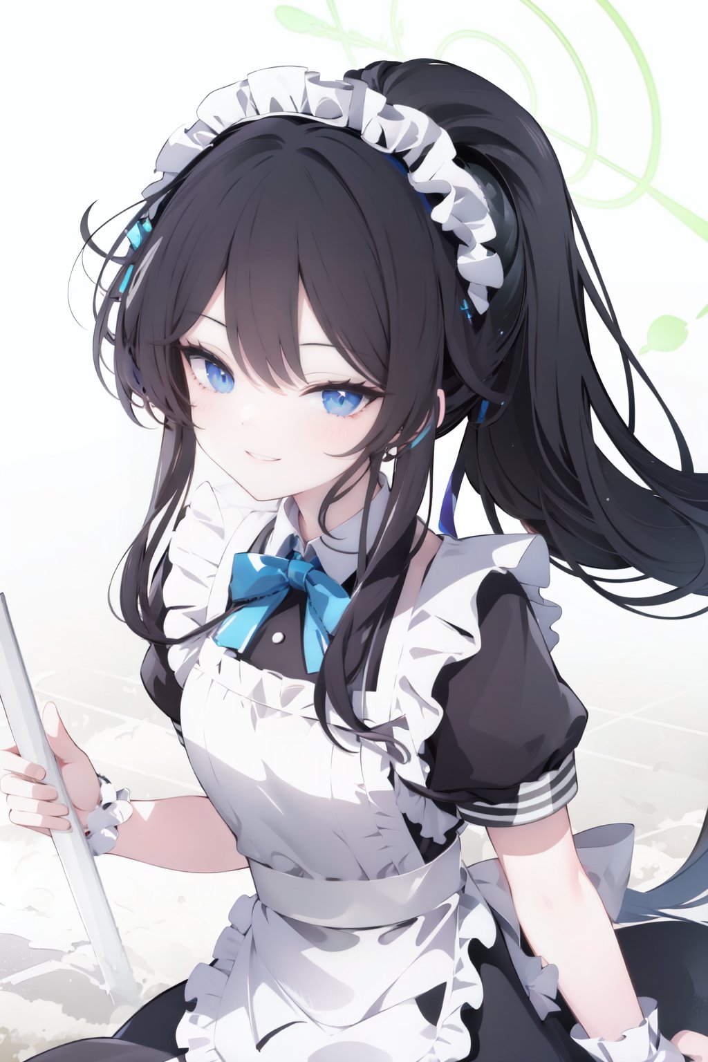 1girl, solo, apron, maid, aris \(blue archive\), alternate costume, blue eyes, maid headdress, enmaided, smile, halo, white background, short sleeves, long hair, black hair, looking at viewer, maid apron, simple background, puffy sleeves, dress, holding, neck ribbon, bangs, :d, black dress, white apron, open mouth, blush, frills, ribbon, very long hair, frilled apron, puffy short sleeves, ponytail, alternate hairstyle