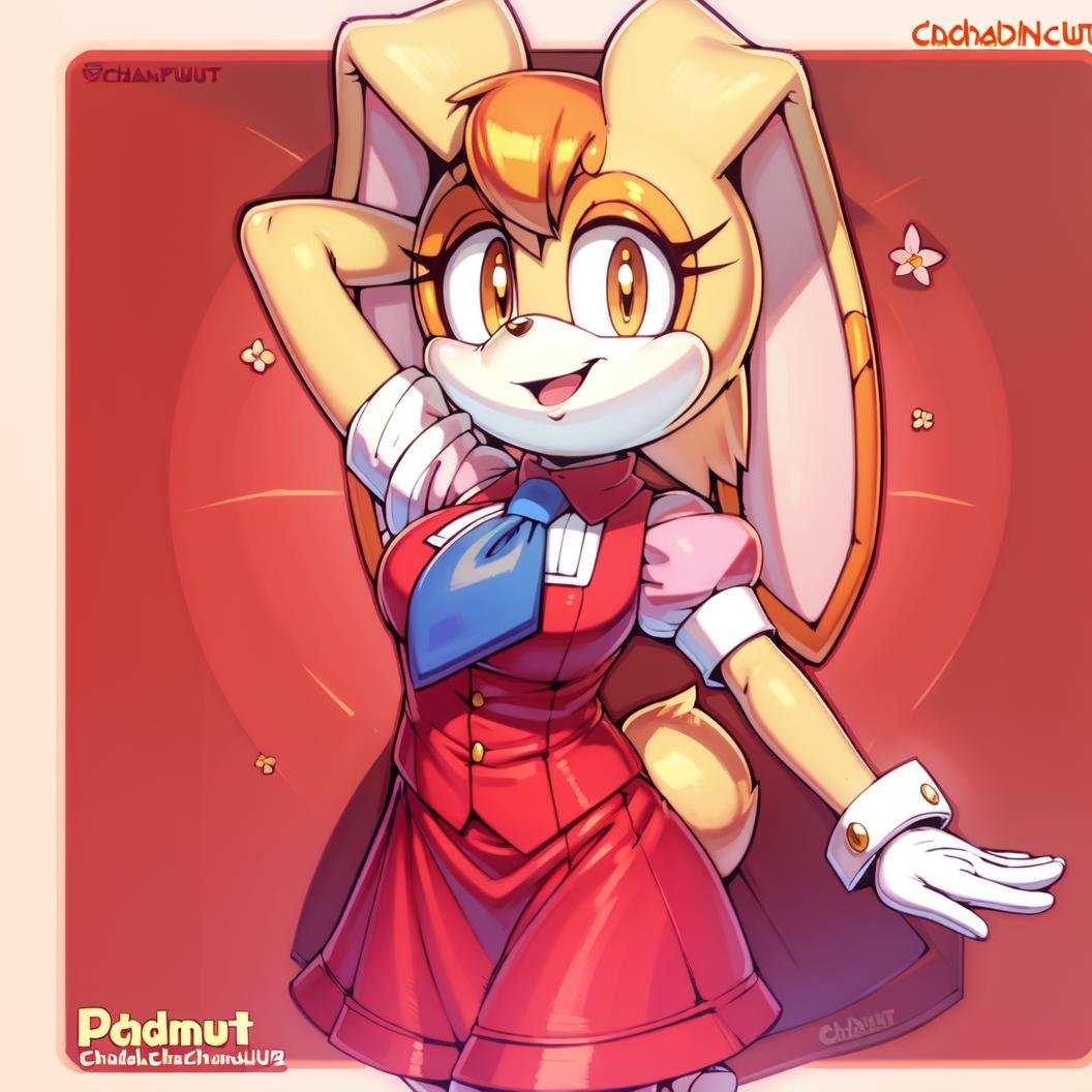 masterpiece, best quality, (uploaded on e621), (((by pixelsketcher, by pepamintop , by chadthecartoonnut, by avante92))), vanilla the rabbit, 1girl, solo, breasts, looking at viewer, smile, short hair, open mouth, skirt, brown hair, shirt, gloves, dress, standing, full body, flower, short sleeves, puffy sleeves, collared shirt, white gloves, rabbit girl, vest, arm up, high heels, puffy short sleeves, ascot, buttons, happy, pink background, pink dress, furry, pink flower, arm behind head, red vest, body fur, blue ascot, rabbit ears, animal nose, brown eyes, animal ears, furry female, sonic the hedgehog \(series\), orange hair, perfect anatomy, roses, red vest, puffy sleeves, purple dress <lora:VanillaTheRabbitv2A:1>