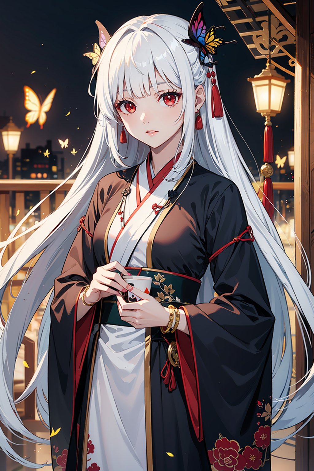  1girl, solo, Chinese clothes,

long hair, butterfly, pale skin, white hair, Hanfu, hime cut, bangs, bracelet, blunt bangs, jewelry, red eyes,

