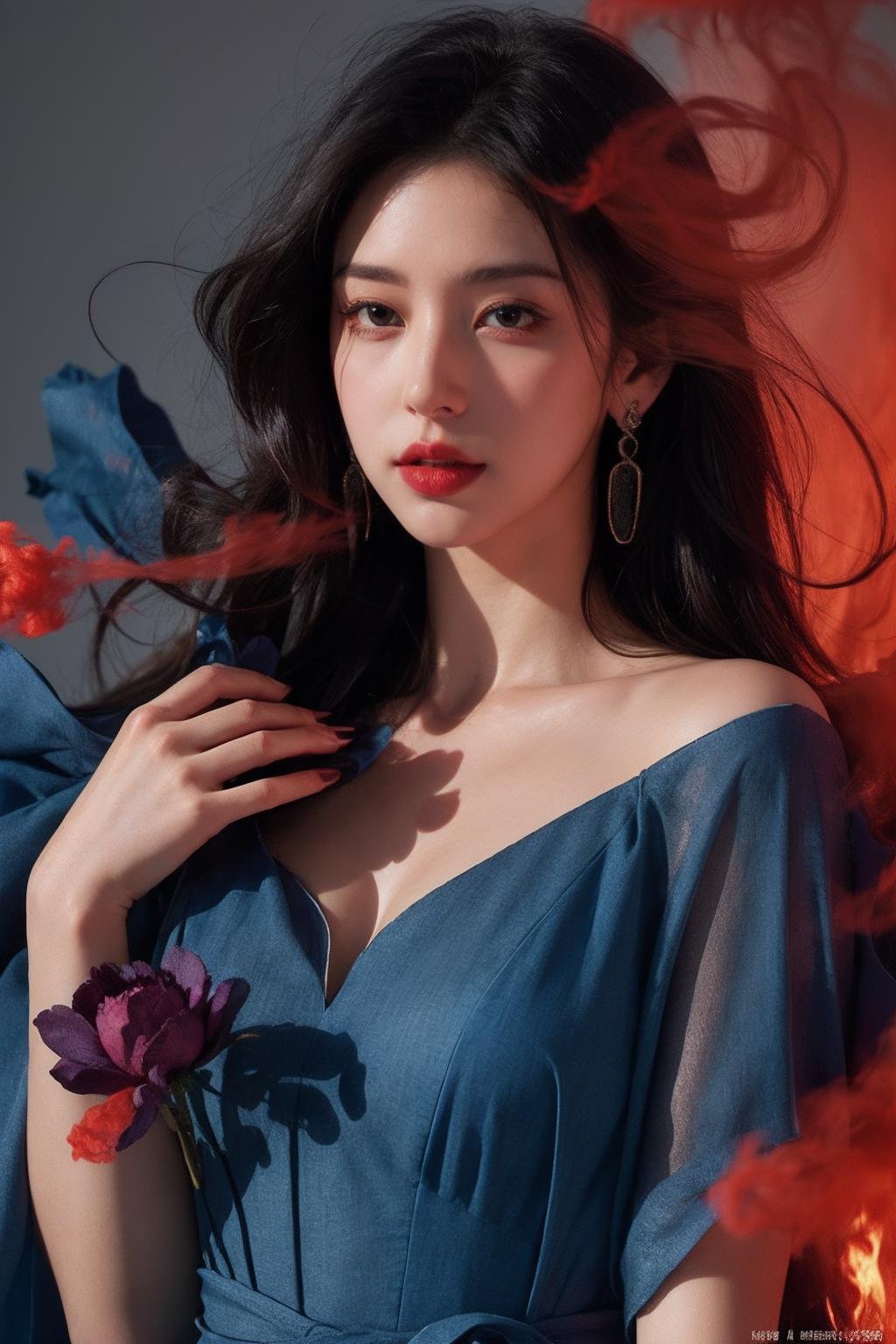 1girl,solo,red smoke,blue smoke.jewelry,earrings,long hair,flowerr,blue dress,,upper body,red dress,black hair,bare shoulders,floating hair,s,ray_traycing,best quality,masterpiece,magazine cover,cinematic_lighting,