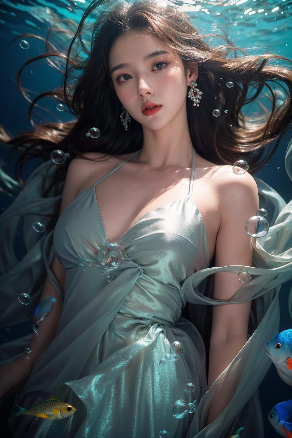 1girl,solo,hair ornament,dress,earrings,jewelry,fish,looking at viewer,underwater,upper body,bubble,water,sfw,