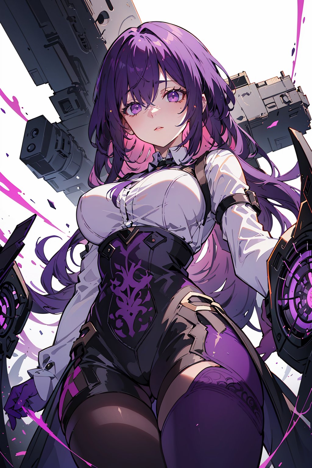 illustration, masterpiece, best quality, extremely detailed, wallpaper,
8k, mysterious, vivid color, shiny, best quality, intricate, good anatomy, beautiful lighting,

HUBG_KAFKA, 21yo girl, solo, white background,
purple eyes, purple hair, purple skirt, 
Dynamic angle, purple theme, particle effects, 

wide shot, from below, volumetric lighting, detailed eyes, , HUBG_KAFKA