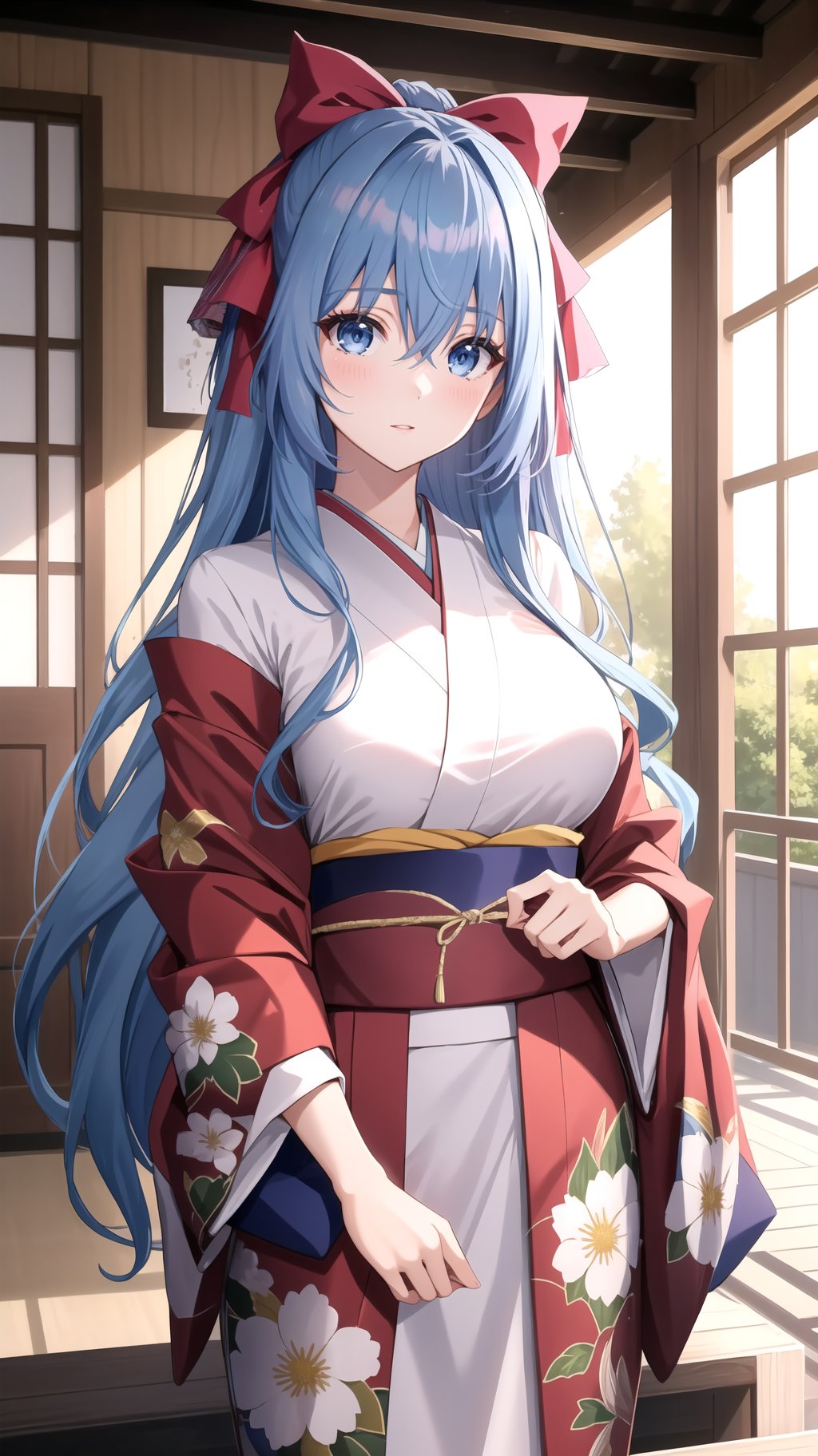 masterpiece, best quality, 1girl, liselottecretia, long hair, blue hair, blue eyes, bangs, hair between eyes, hair ribbon, large breasts, kimono, japanese house,  <lora:LiselotteCretiav1:0.8>