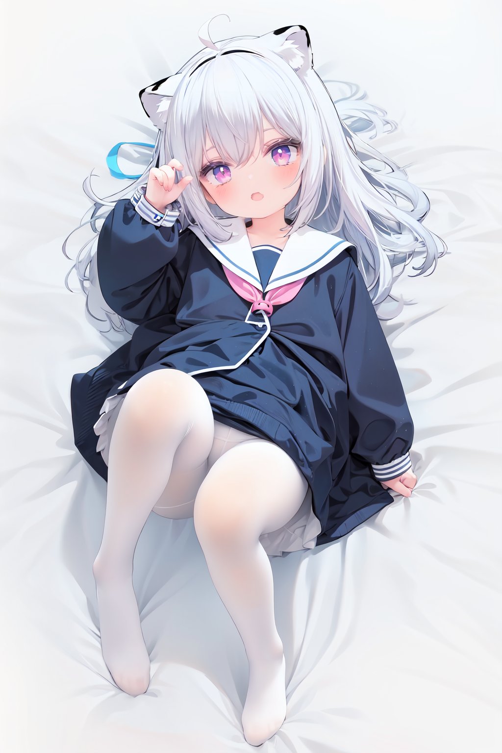  cute,Infant,solo blue shirt,blue sailor coat,loli,full body,white hair,snow leopard ear,white background,pink eyes,laugh,happy,white pantihose,white pantyhose,red armband,