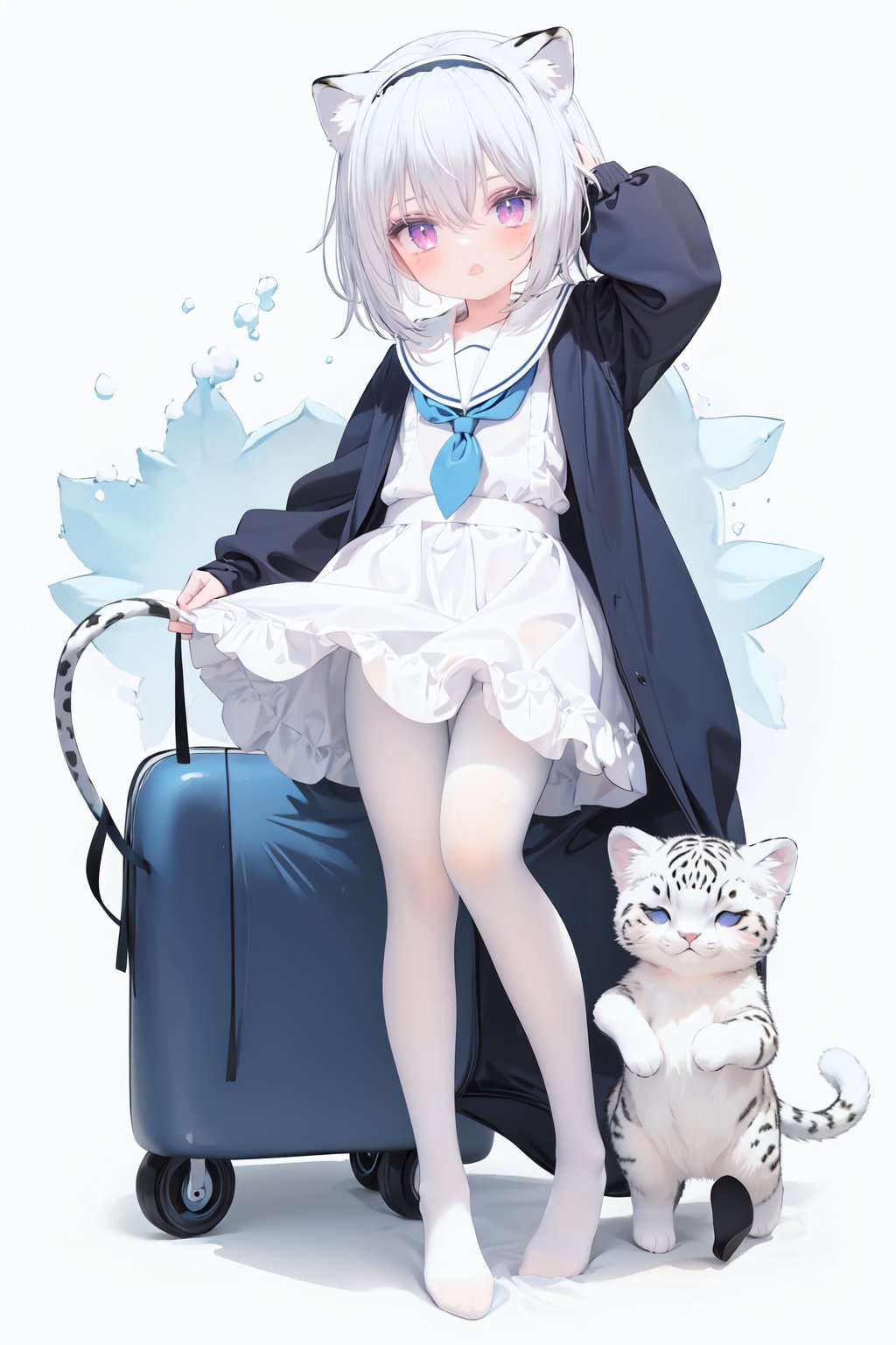  cute,Infant,solo blue shirt,blue sailor coat,loli,full body,white hair,snow leopard ear,white background,pink eyes,laugh,happy,white pantihose,white pantyhose,red armband,