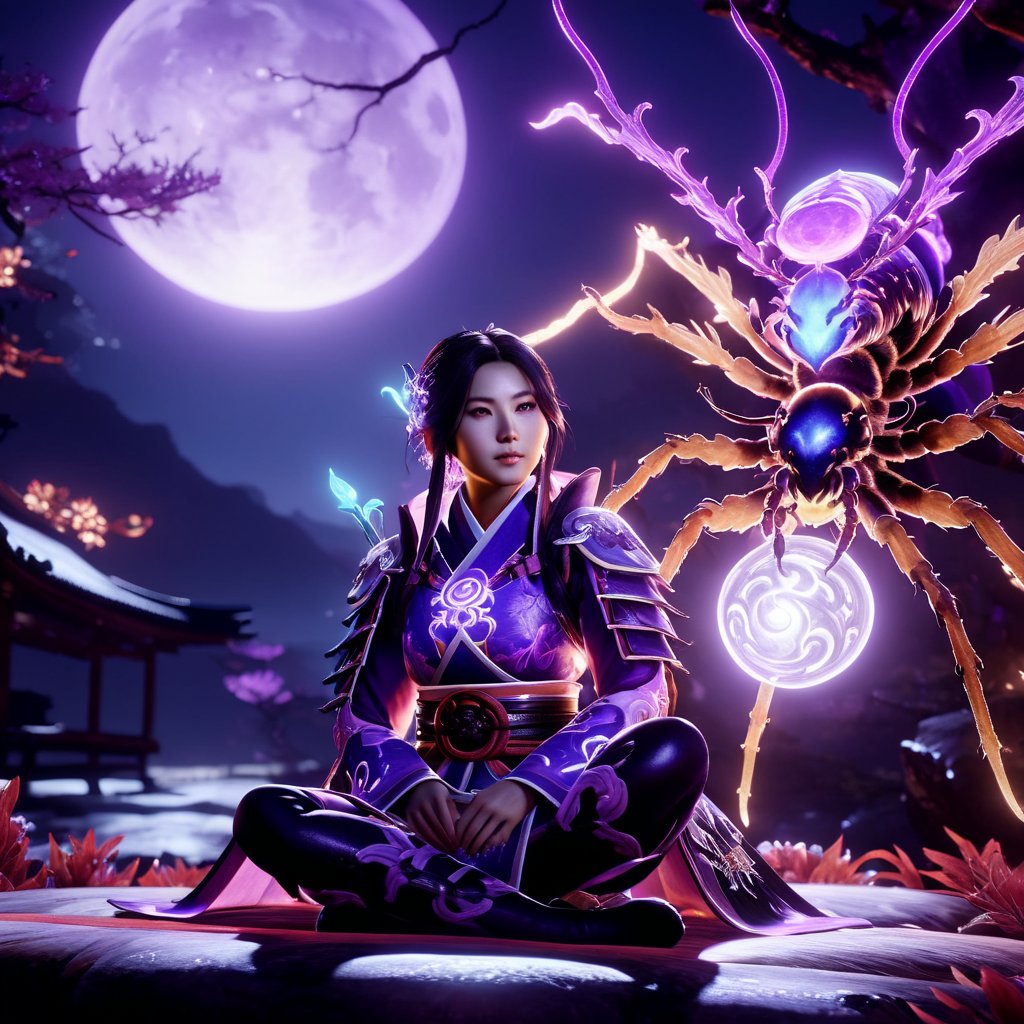 1girl GLOWING, sitting next to a purple spider, niohxlguardiansprt, WILD GLOWING, epic, cinematic,128k uhd, raw photo, masterpiece, awardwinning, trending on artstation, intricate details, official art, wallpaper art