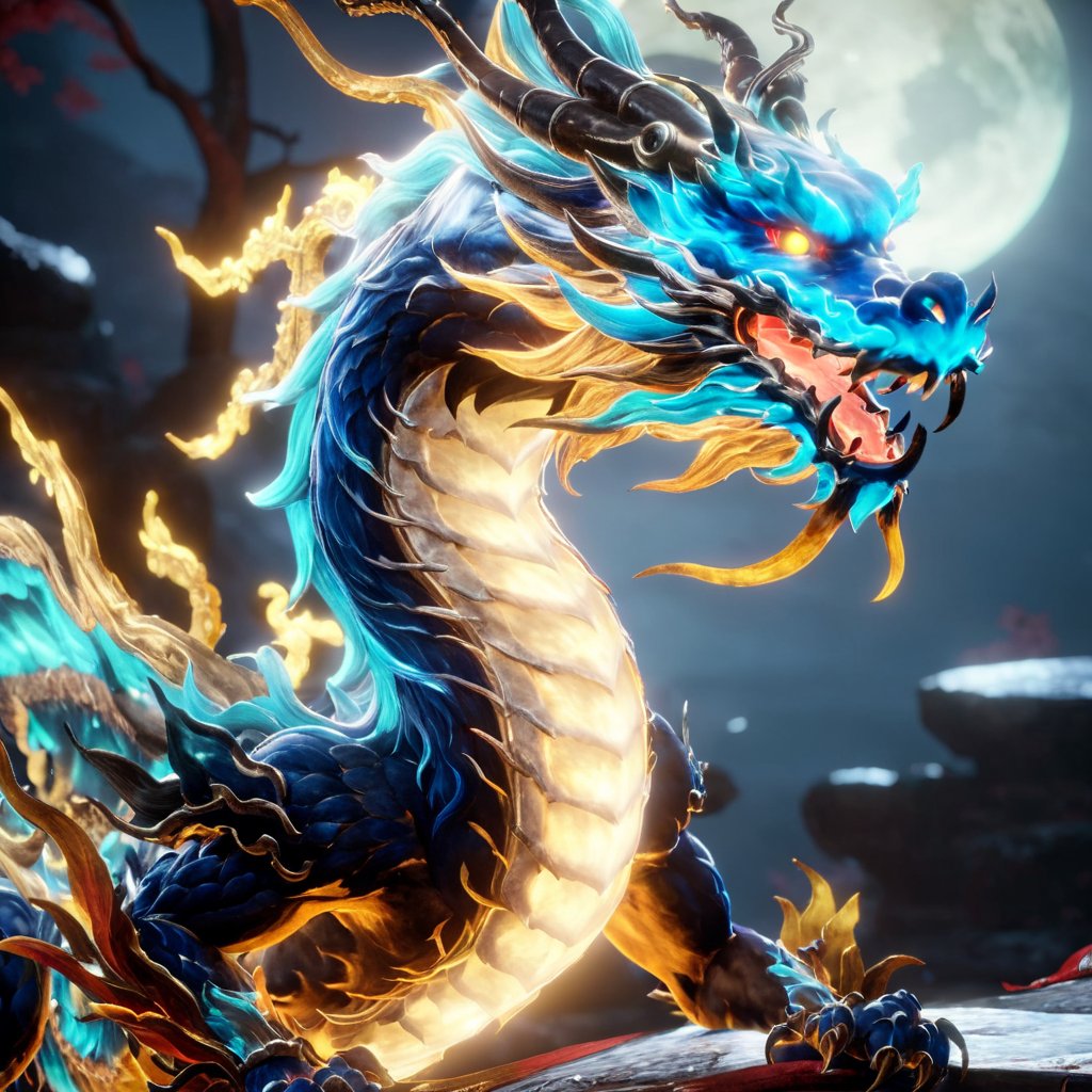 niohxlguardiansprt,azurite chinese dragon,looking seriously at the viewer,no jokes,epic,cinematic,128k uhd,raw photo,masterpiece,awardwinning,trending on artstation,official art,wallpaper art,maybe album cover?,whatever make this image aesthetic and good looking,GLOWING