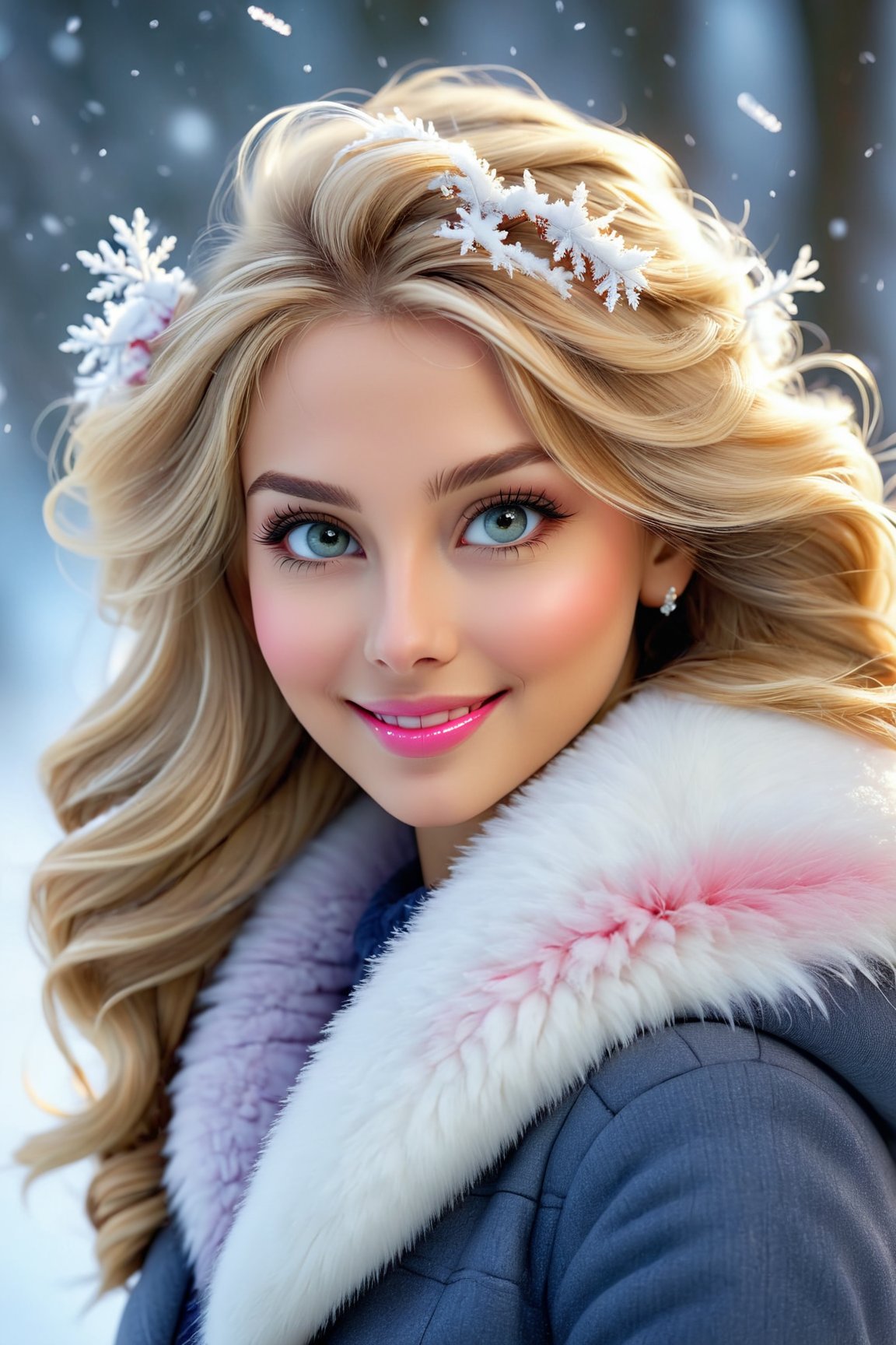 (best quality, 4k, 8k, highres, masterpiece:1.2), ultra-detailed, (realistic, photorealistic, photo-realistic:1.37), portrait, beautiful and smiling caucasian woman, cinematic, winter clothes, Ondas e Nuances, detailed symmetric hazel eyes, circular iris, vivid colors, winter scenery, soft snowflakes falling, icy breath, rosy cheeks, pure white background, subtle warm lighting, innocence and radiance, sparkling eyes, joyful expression, luxurious fur trim on the clothing, frosty winter air, subtle wind blowing through her hair, subtle hint of pink in her lips, elegant posture, confident stance, delicate snowflakes decorating her hair, long flowing blonde hair, wonder and serenity in her gaze, captivating beauty, snow-covered trees in the background, peaceful and enchanting winter scene.