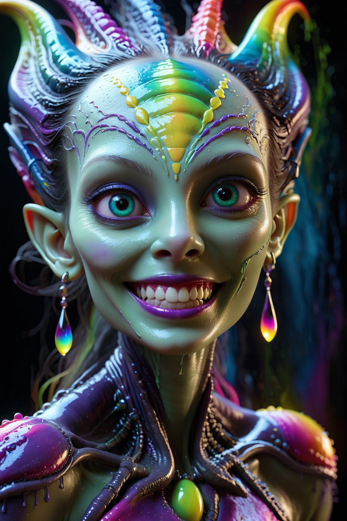 best quality, 8k, ultra-detailed, realistic:1.37, vibrant colors, vivid shading, breathtaking portrait of an alien shapeshifter entity, mesmerizing eyes, intricate facial details, otherworldly skin texture, insane smile, unnerving and intricate complexity, surreal horror atmosphere, dark shadows, inverted neon rainbow drip paint, ethereal glow, hypnotic energy, transcendent beauty, mystical aura, octane render