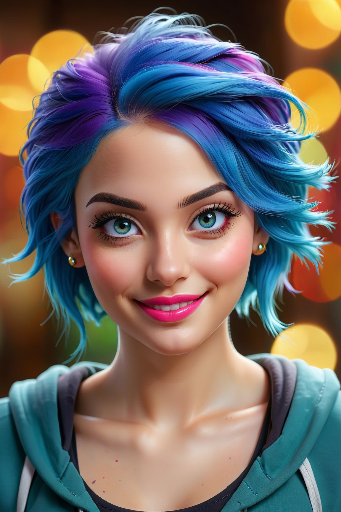 woman, smiling, blue hair, gym clothes, (best quality, highres:1.2), (vivid colors, colorful:1.1), (bokeh), (portraits), (studio lighting), (ultra-fine painting), (sharp focus), (extremely detailed eyes and face), (detailed lips), (beautiful detailed eyes), (long eyelashes)