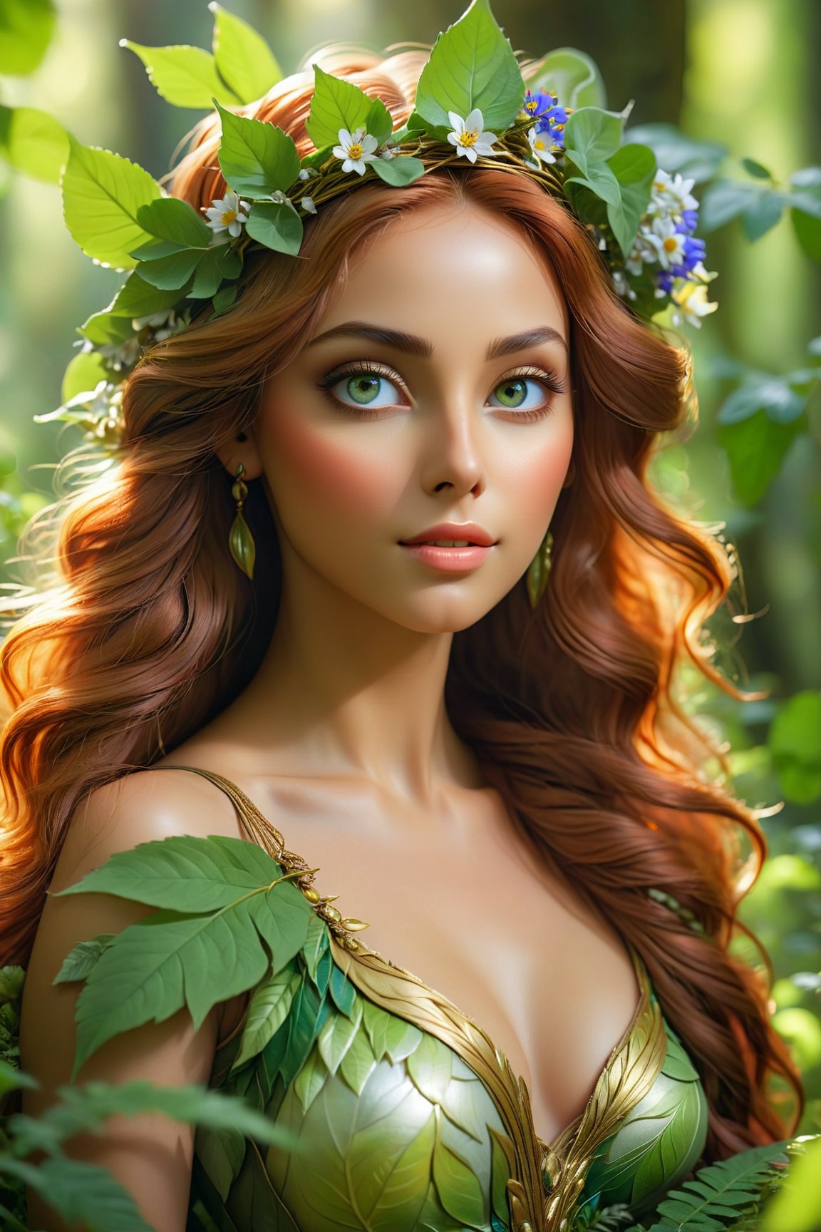 (best quality,  4k,  8k,  highres,  masterpiece:1.2),  ultra-detailed,  (realistic,  photorealistic,  photo-realistic:1.37),  nature goddess,  leaf body,  portrait,  greenery,  wildflowers,  breathtaking eyes,  serene expression,  graceful pose,  ethereal beauty,  luminous skin,  flowing hair,  elegant crown of leaves,  soft natural light,  vibrant colors,  mythical essence,  surreal atmosphere,  dreamlike aura,  harmonious connection with nature,  enchanted forest.