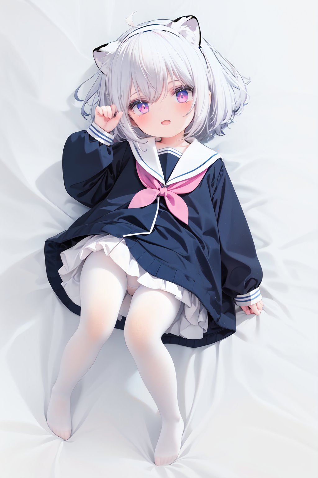  cute,Infant,solo blue shirt,blue sailor coat,loli,full body,white hair,snow leopard ear,white background,pink eyes,laugh,happy,white pantihose,white pantyhose,red armband,