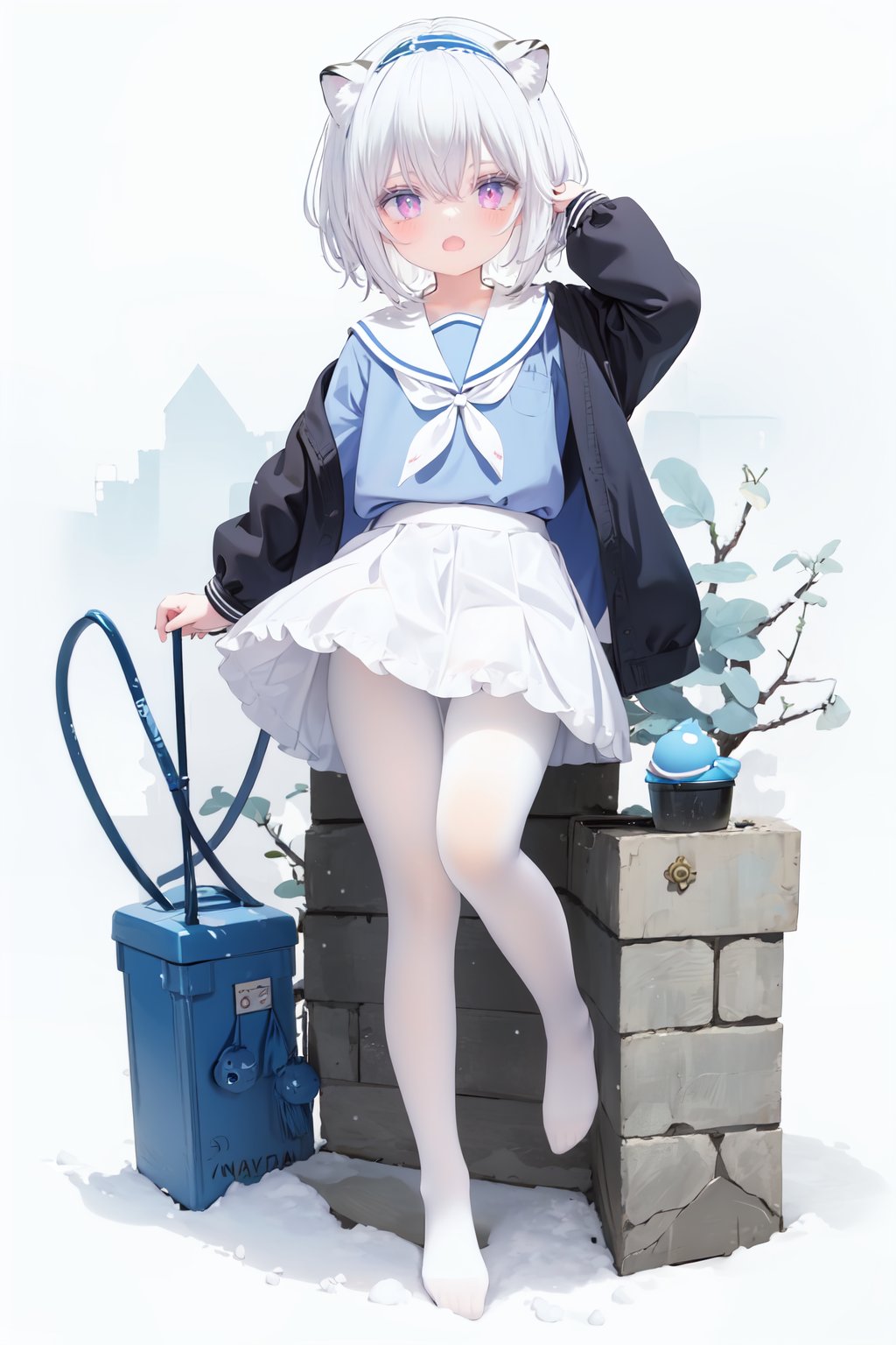  cute,Infant,solo blue shirt,blue sailor coat,loli,full body,white hair,snow leopard ear,white background,pink eyes,laugh,happy,white pantihose,white pantyhose,red armband,