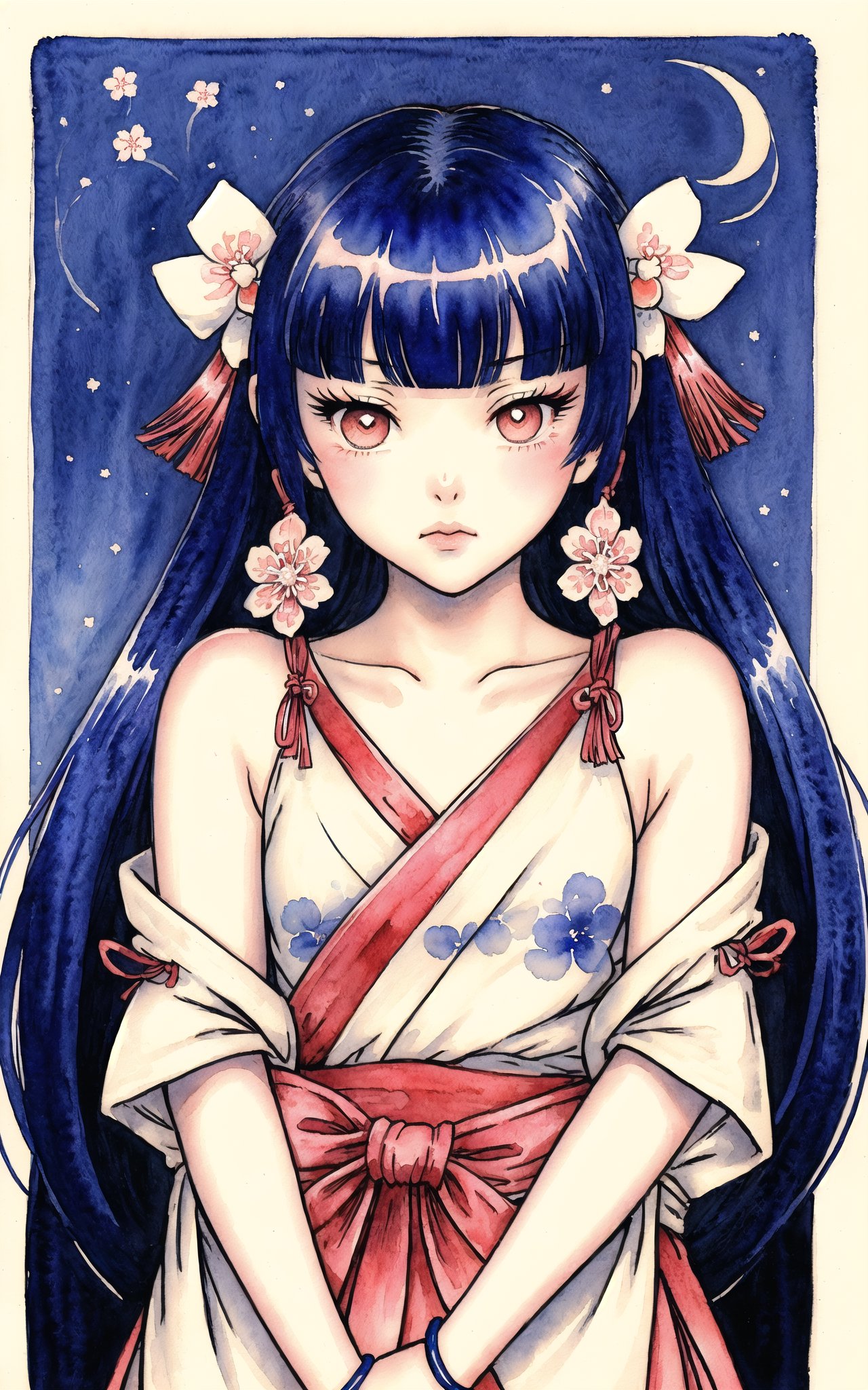 (watercolor_medium),  ((ukiyoe style)),  ((((masterpiece)))),  (((best quality))),  (illustration), (1girl:1.5), (solo:1.5),  ((an extremely delicate and beautiful)),  ((little girl)),  cute,  ((hime_cut)),  side blunt bangs, (ultramarine hair:1.2),  hairs between eyes,  ribbons,  Bracelet,  bare shoulders, ((japanese_clothes)),  sakura,  ((slit pupils)),  ((miko)),  (off_shoulder),  ace,<lora:EMS-179-EMS:0.300000>