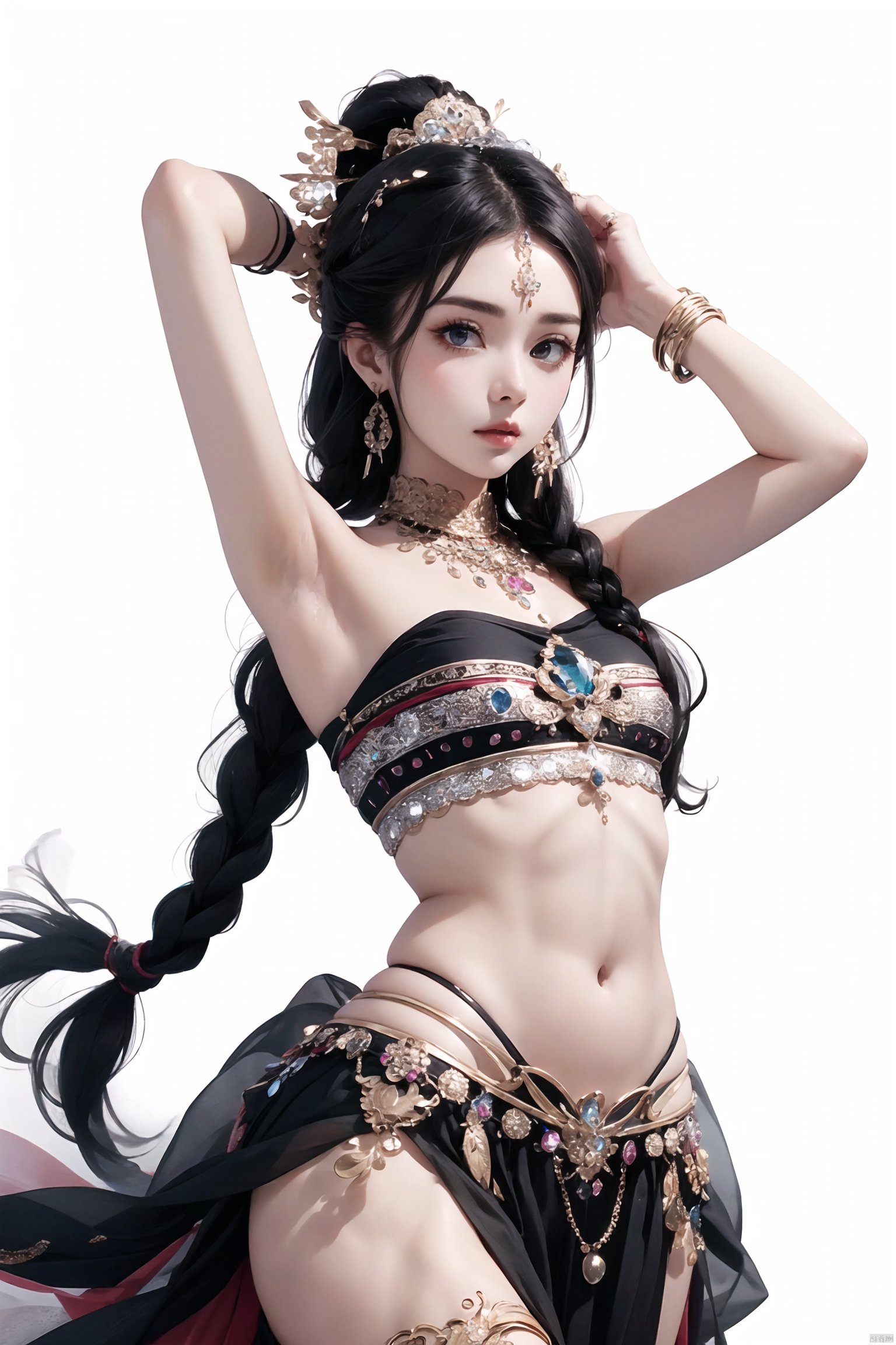  1girl, jewelry, navel, midriff, ring, braid, solo, gem, armpits, long_hair, black_hair,White background