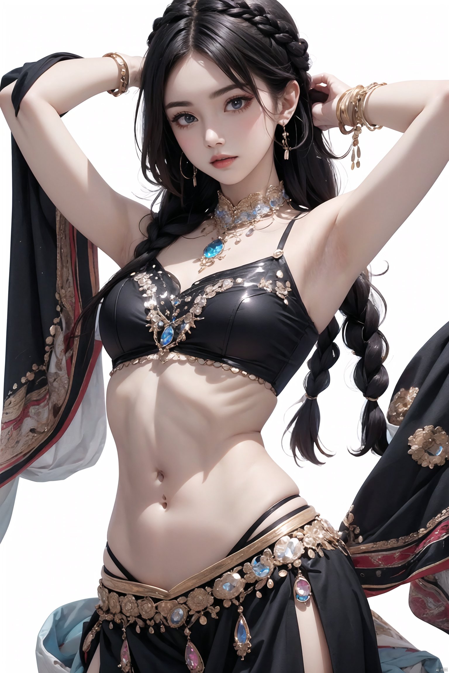  1girl, jewelry, navel, midriff, ring, braid, solo, gem, armpits, long_hair, black_hair,White background