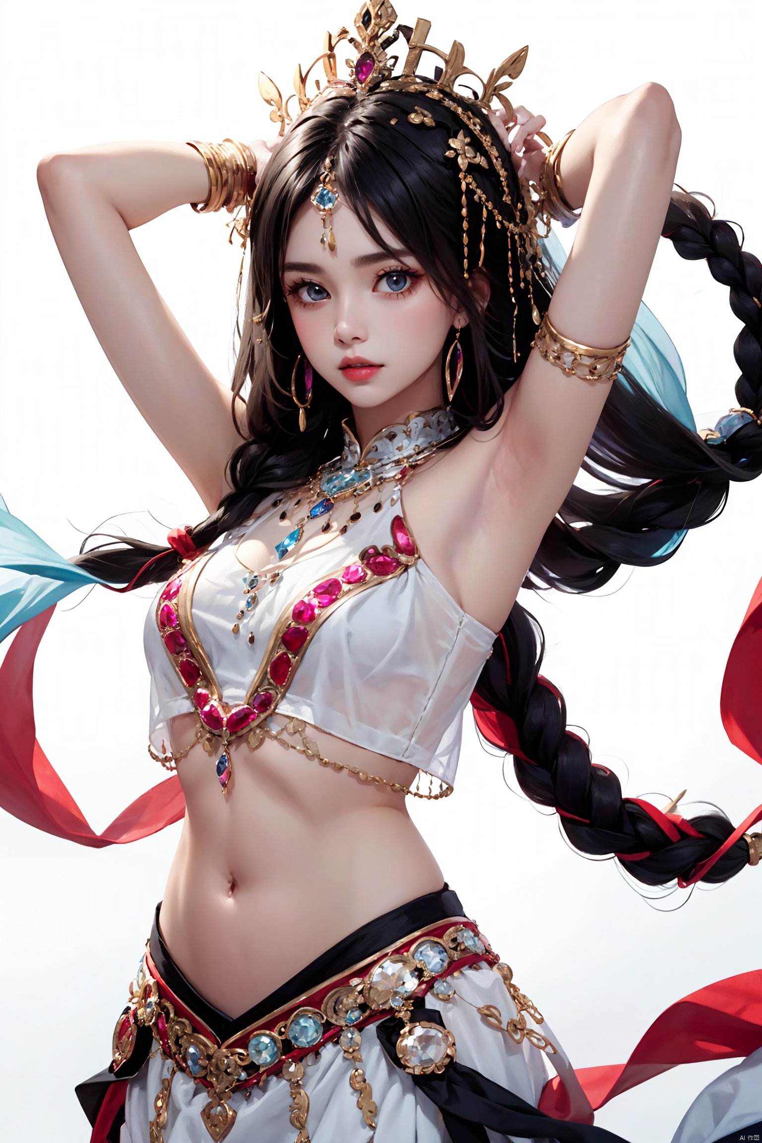  1girl, jewelry, navel, midriff, ring, braid, solo, gem, armpits, long_hair, black_hair,White background