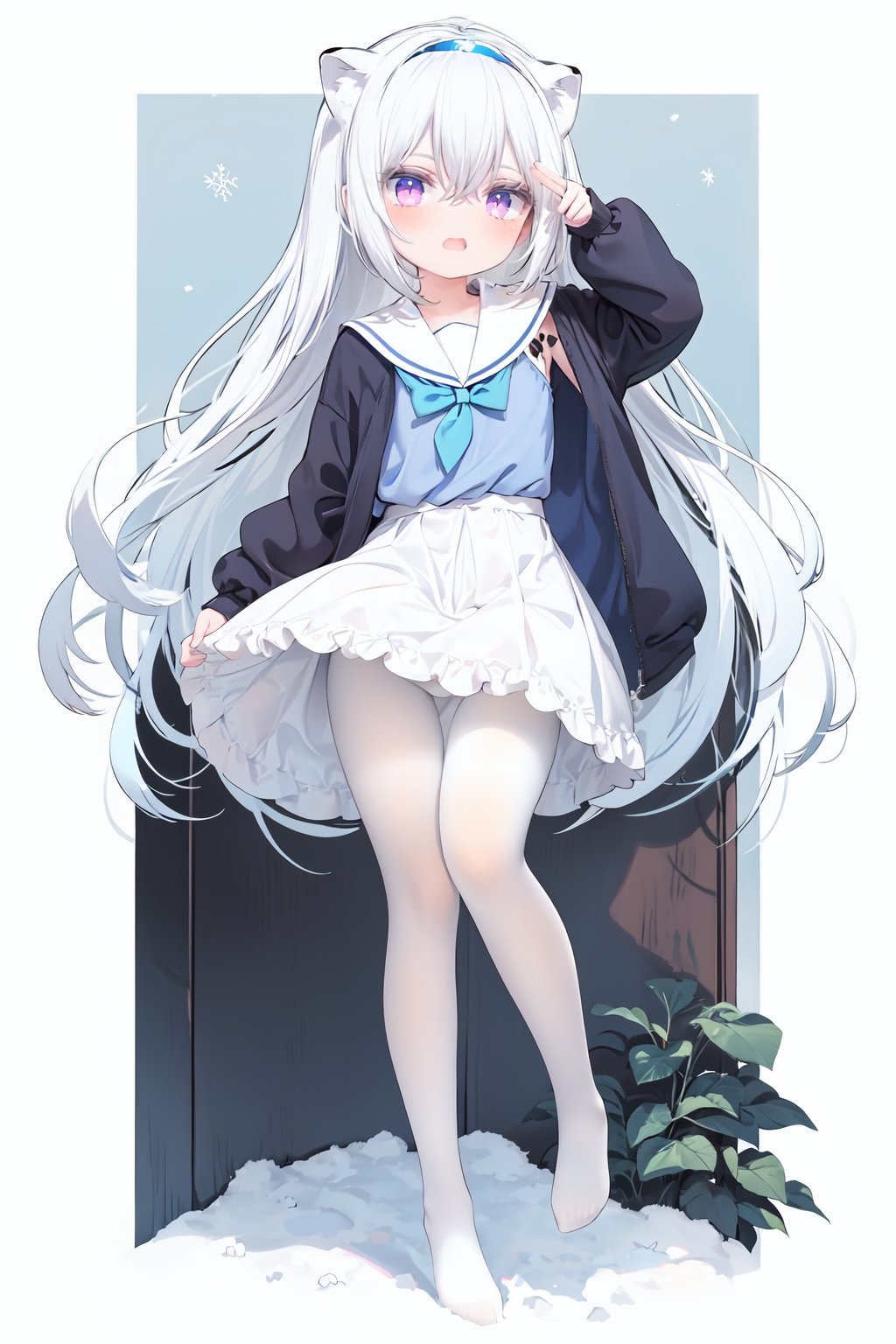  cute,Infant,solo blue shirt,blue sailor coat,loli,full body,white hair,snow leopard ear,white background,pink eyes,laugh,happy,white pantihose,white pantyhose,red armband,