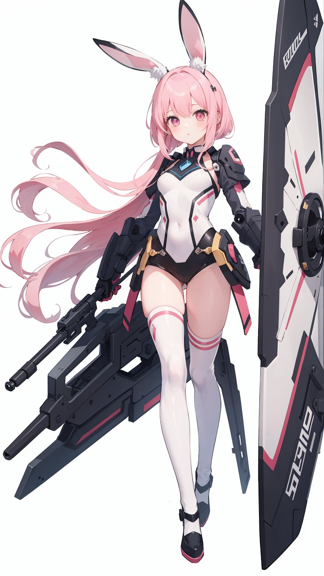 best quality, masterpiece, illustration, 1girl, solo, full body, Rabbit ear, White background, Mechanical, Mechanical body, Pink hair