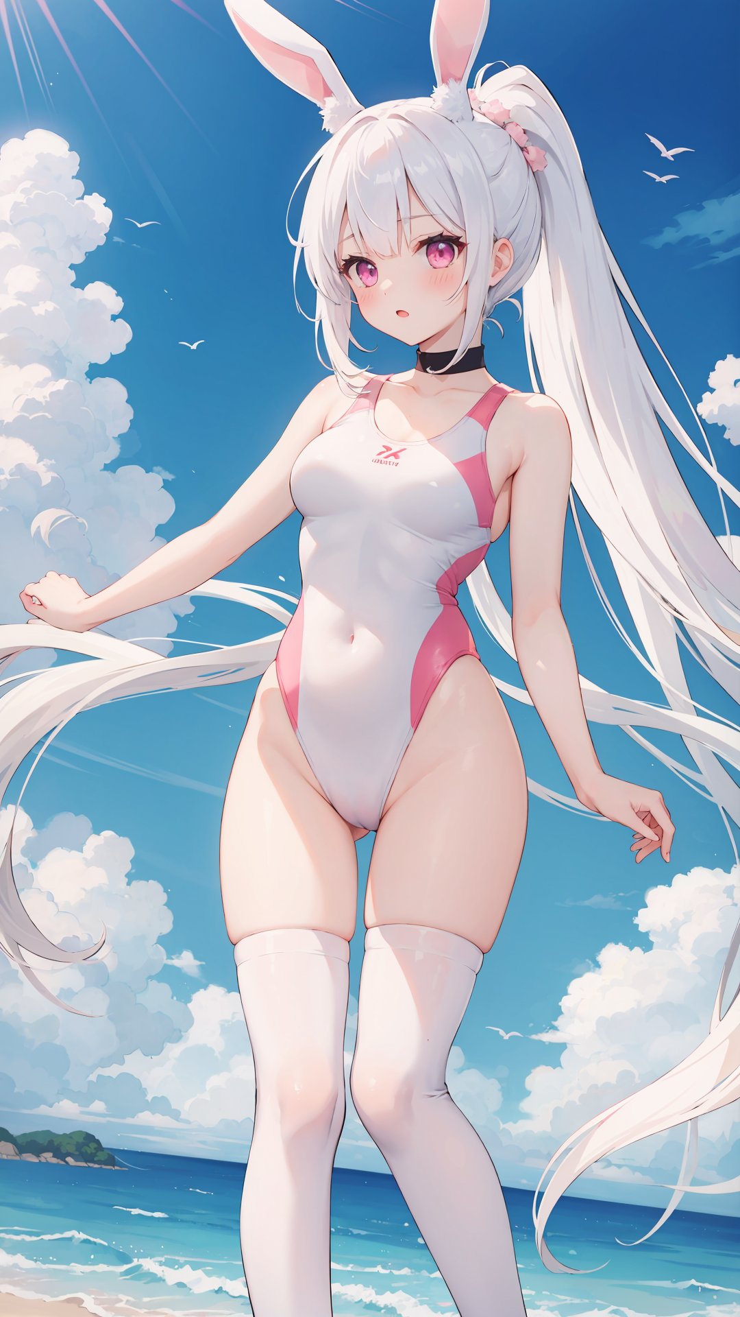 girl, solo, long hair, white hair, ponytail, asymmetrical bangs, blush, bunny_ears, pink eyes, medium breasts, competition swimsuit, white kneehighs