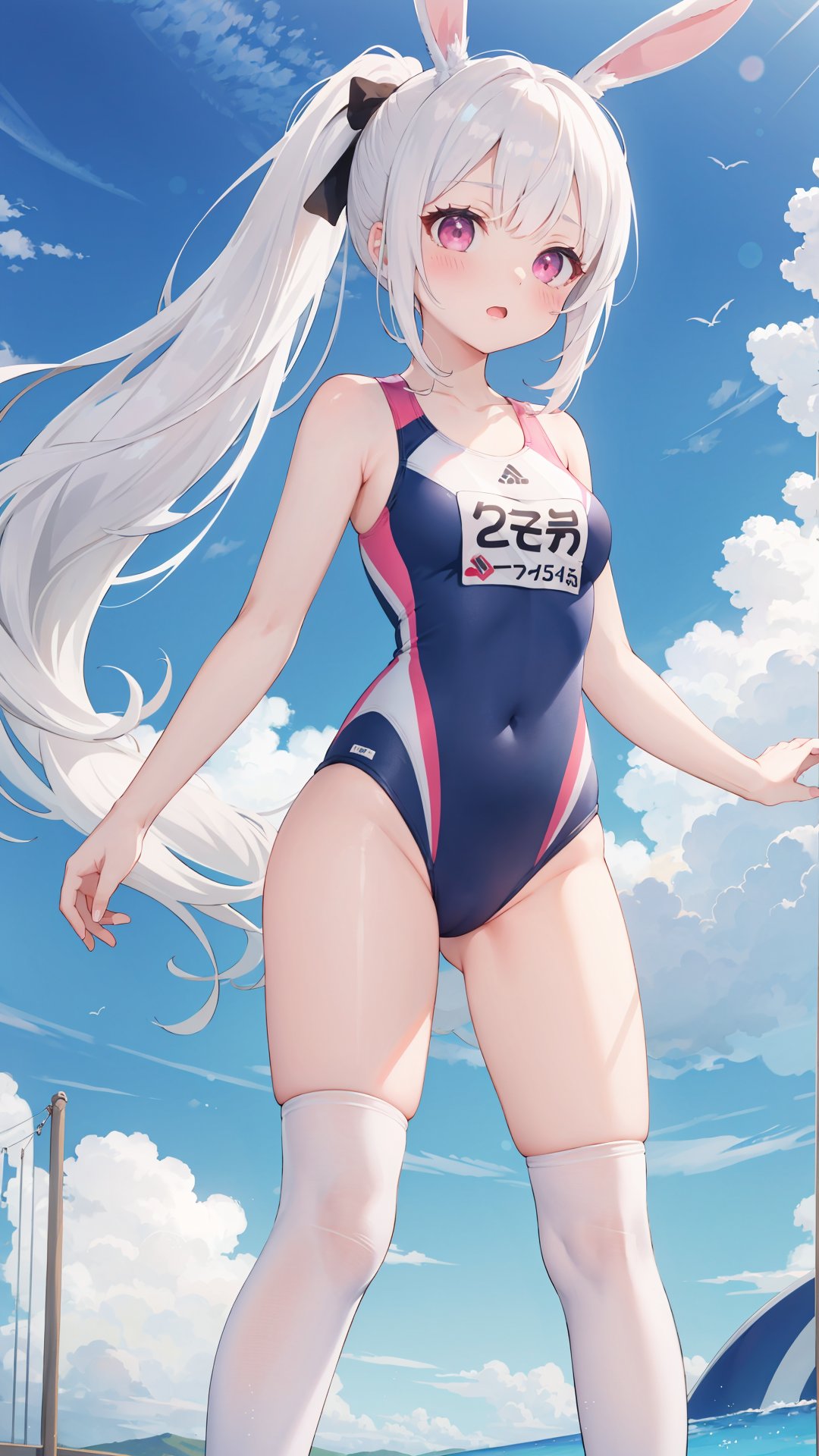 girl, solo, long hair, white hair, ponytail, asymmetrical bangs, blush, bunny_ears, pink eyes, medium breasts, competition swimsuit, white kneehighs