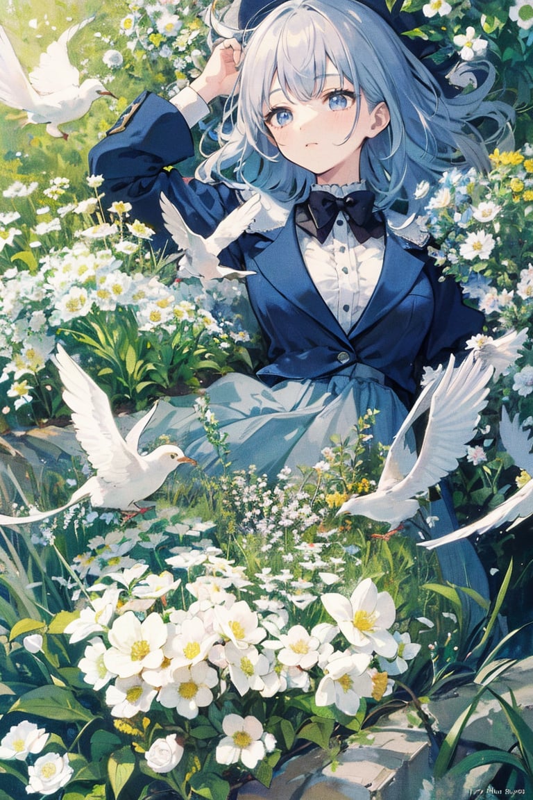  1girl, upper body,big_boobies, 
(official art, 8k wallpaper, ultra detailed, High quality, best quality),white flowers ,1girl,from above,bird's-eye_view,vintage filter,among flowers, backlight,limited_palette,white,field s of flowers
