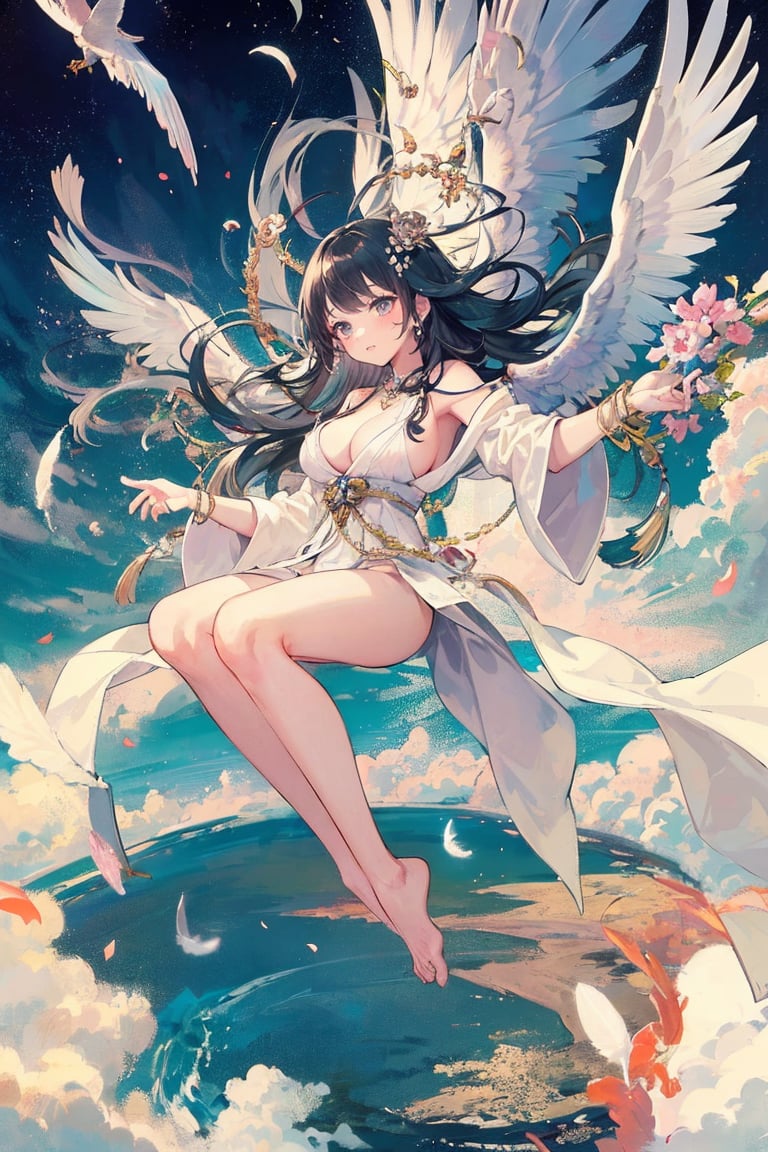  1girl, upper body,big_boobies, 
1girl,flower,wings,long hair,jewelry,full body,solo,black hair,feathered white wings,bracelet,cloud,feathers,necklace,petals,((white robe)),bare shoulders,flying,wings,bracelet,cloud,feathers,necklace,petals,((white robe)),bare shoulders,flying,