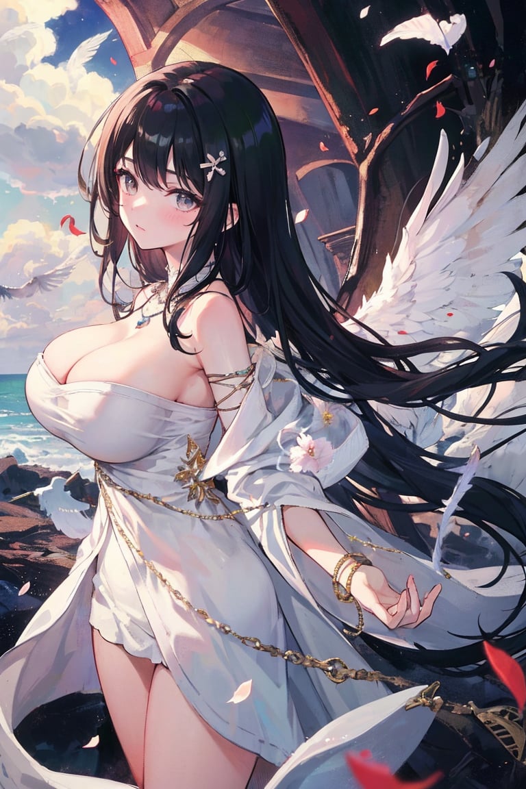  1girl, upper body,big_boobies, 
1girl,flower,wings,long hair,jewelry,full body,solo,black hair,feathered white wings,bracelet,cloud,feathers,necklace,petals,((white robe)),bare shoulders,flying,wings,bracelet,cloud,feathers,necklace,petals,((white robe)),bare shoulders,flying,