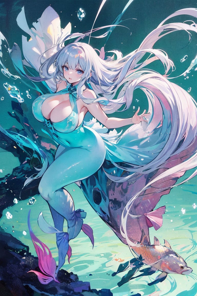  1girl, upper body,big_boobies, 
1 Mermaid,Best quality, (Photorealistic:1.2), Hyper-Resolution, long whitr hair,fish tatle,Ultra-realistic 8K CG,Flawless face,flawless perfection,huge tit,Huge breasts,long leges,Slim,being thin,Lower chest position,Swollen breasts,crisp breasts,Breasts during lactation,Lactation,Rounded breasts,No Round breast patches, outdoor,full body,nudes,midjourney,A mythical creature with the upper body of a human and the lower body of a fish. Beautiful and ethereal, residing in the depths of the ocean. Enchanting melodies, long flowing hair that moves with the currents. Graceful movements and a mesmerizing gaze. Tail shimmering with iridescent scales, resembling a rainbow under the sea. Mysterious and alluring, surrounded by marine life and underwater wonders,midjourney , midjourney, oda non, outline, niji, obata takeshi