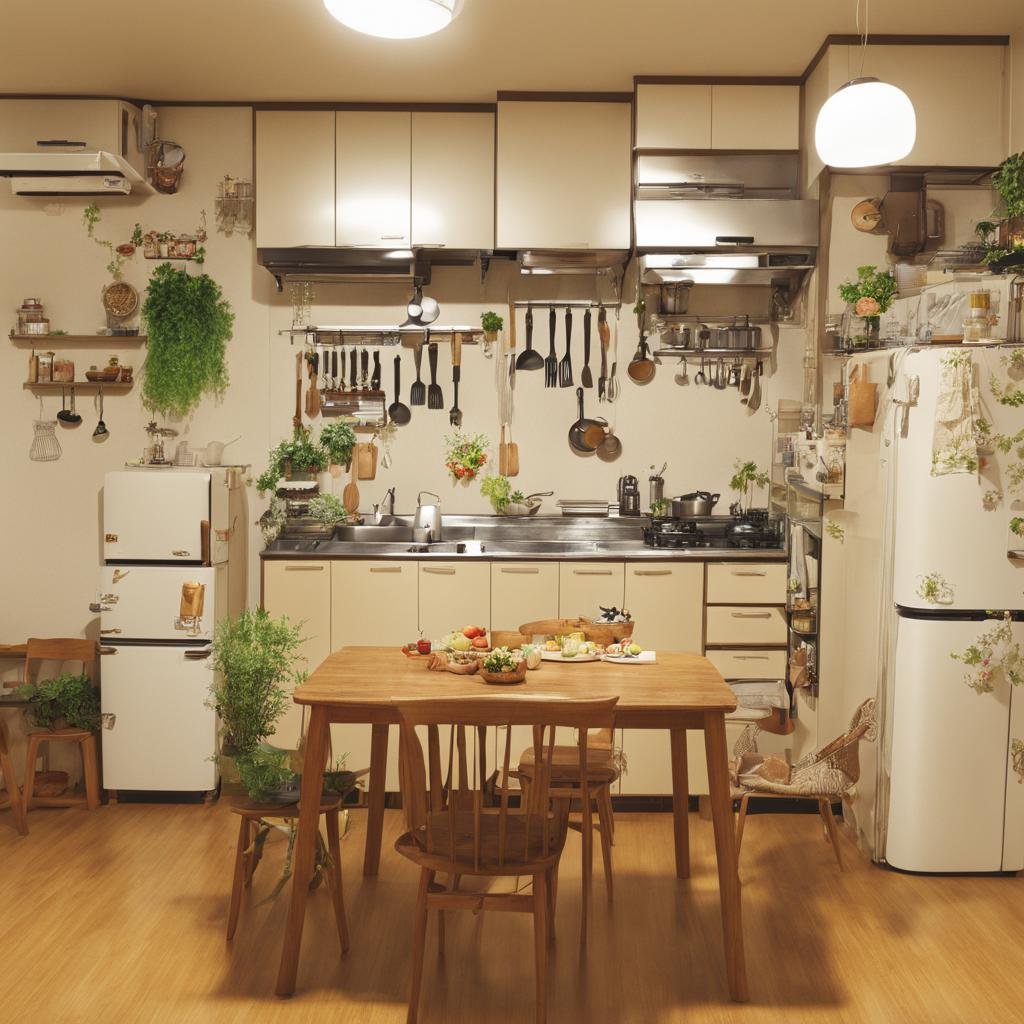 best quality, ultra-detailed,JPkitchen, scenery, table, chair, sink, kitchen, plant, indoors, window, refrigerator, frying pan, bottle, shelf, spatula, door, basket, plate, cup, stool, wooden floor, curtains <lora:JAPAN_Kitchen_SDXL_V1:1>