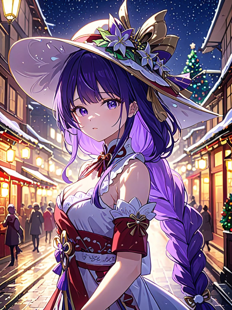 ultra-detailed,(best quality),((masterpiece)),(highres),original,extremely detailed 8K wallpaper,(an extremely delicate and beautiful),
anime,
1girl,raiden shogun,purple hair,solo,looking at viewer
BREAK
ambient occlusion,rim lighting,bustling,The streets at night wall in the Christmas,Red and green theme,Christmas dress,Christmas Hat,Christmas tree,Christmas elements,
