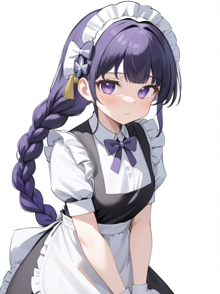  ,1girl, raiden_shogun, solo, maid, maid_headdress, hair_ornament, apron, braid, short_sleeves, dress, white_background, looking_at_viewer, alternate_costume, black_dress, enmaided, puffy_sleeves, frills, simple_background, twitter_username, white_apron, blush, mole, breasts, closed_mouth, waist_apron, puffy_short_sleeves, maid_apron, bow, white_bow, braided_ponytail, single_braid