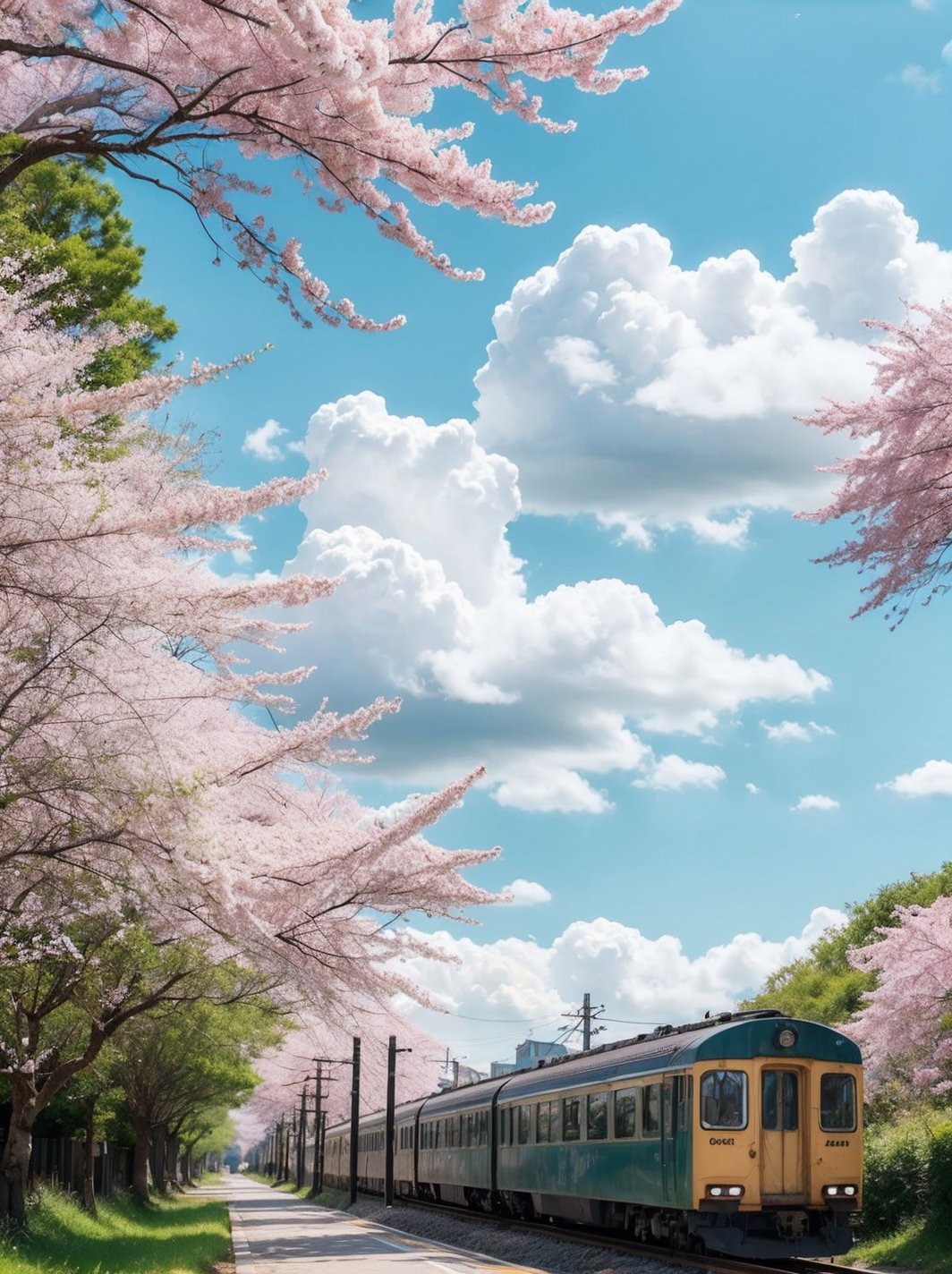 Beautiful pastel background wallpaper, blue sky, clouds, sunshine, ocean, beach, train, railroad crossing, old train station, detailed trees, cherry blossoms, detailed background, 8k, details, ultra realistic, pastelbg, clear water, water way, 