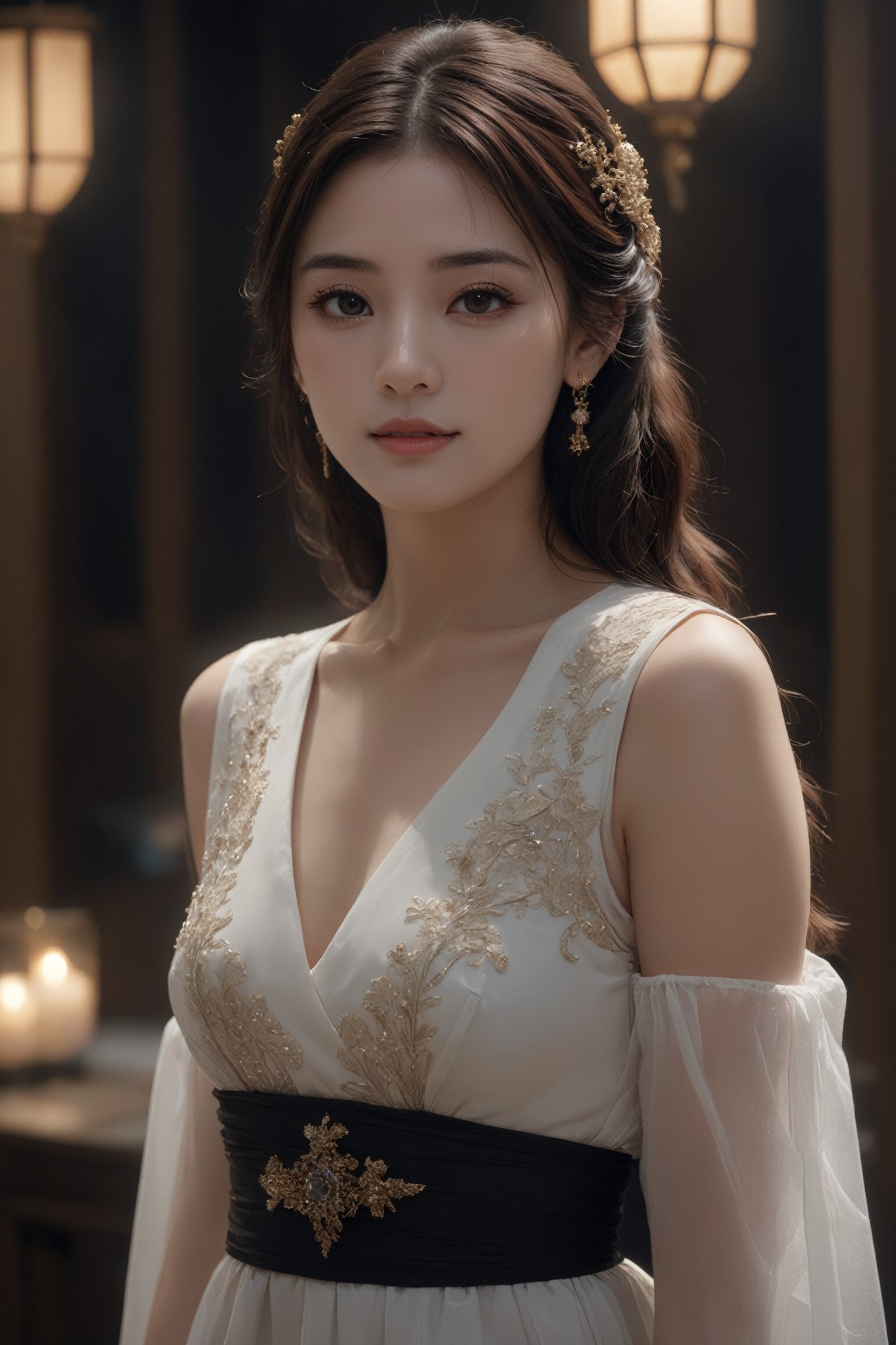  photographic of a girl, brown eyes, cleavage, hair ornament, jewelry, lips, long hair, makeup, upper_body, white chinese dress, earrings, facial mark, ultra realistic, movie light effect, . BREAK, 35mm photograph, grainy, professional, 8k, highly detailed, Hasselblad XCD 80mm F/1.9,hell,FilmGirl,1girl, light master, Face Score