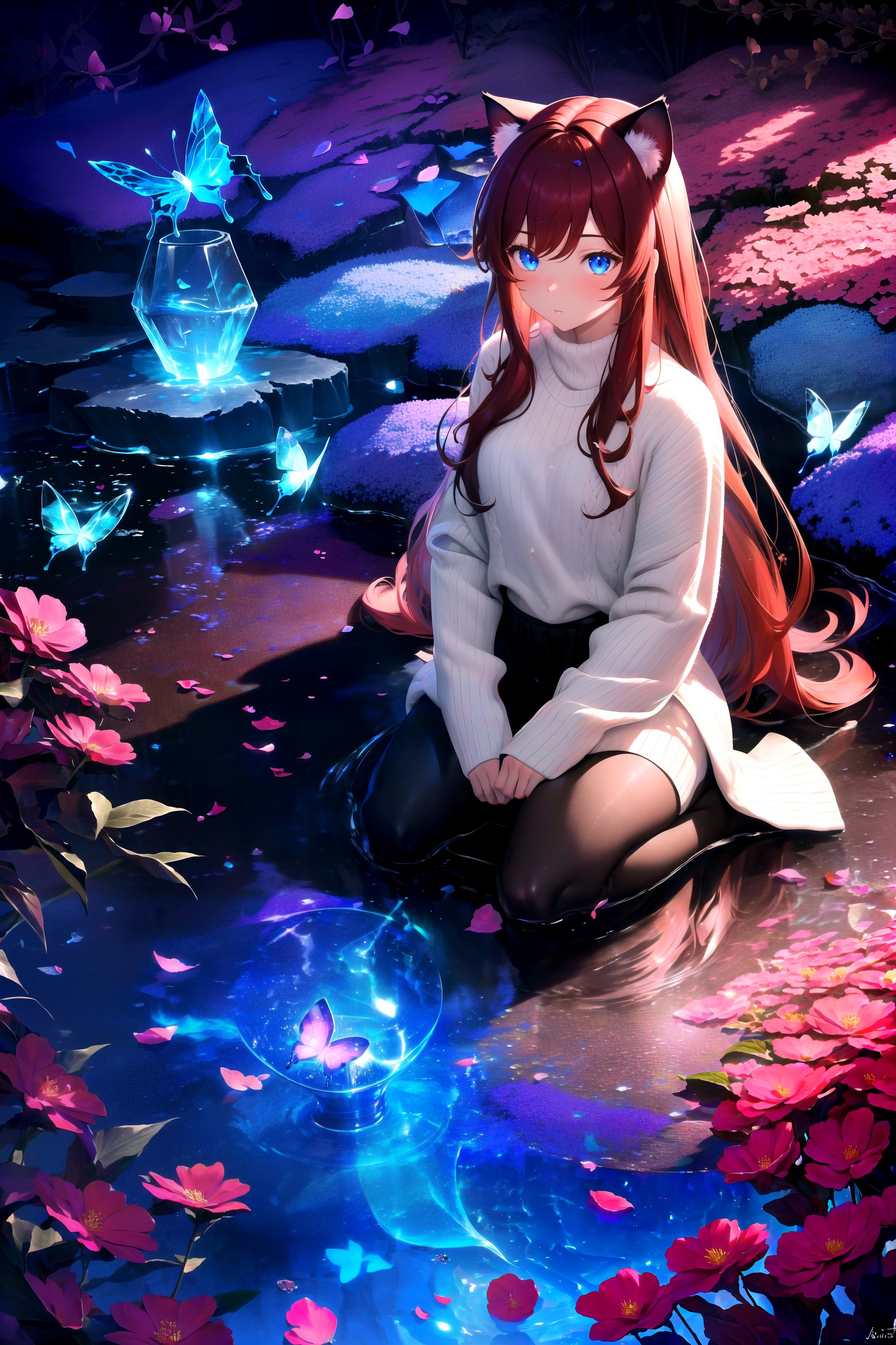 (masterpiece, best quality, highres), 1girl, raifu, solo, abstract, close-up, pov, seiza,BREAKdark background, depth of field, rim lighting, flowers, petals,crystals, cave, butterfly, vegetation, aura, magic, water,BREAKdark red hair, blue eyes, straight hair, cat ears, blush,(medium breasts:0.8), mature female, white sweater,