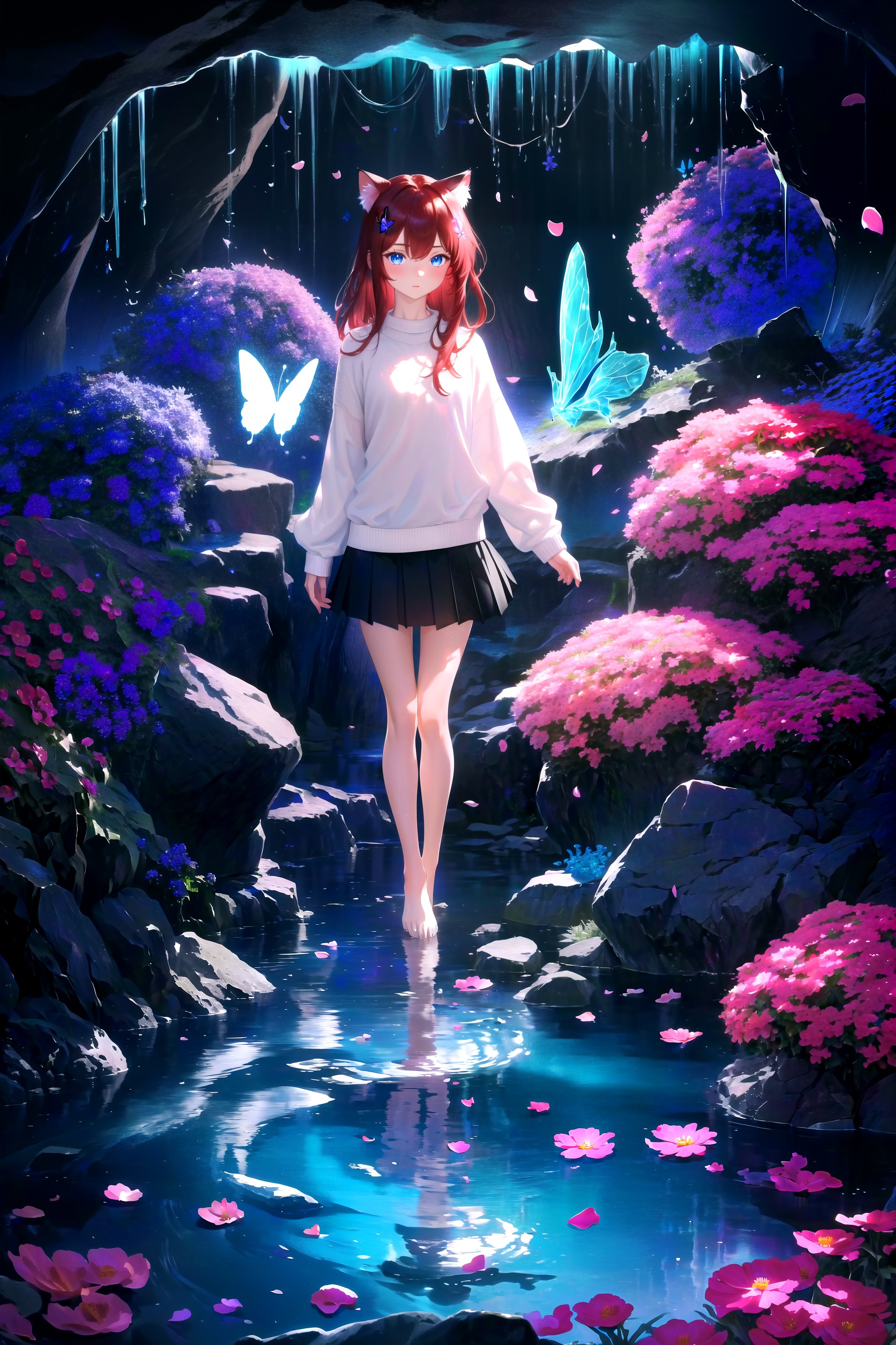 (masterpiece, best quality, highres), 1girl, raifu, solo, abstract, far shot, full body,BREAKdark background, depth of field, rim lighting, flowers, petals,crystals, cave, butterfly, vegetation, aura, magic, water,BREAKdark red hair, blue eyes, straight hair, cat ears, blush,(medium breasts:0.8), mature female, white sweater,