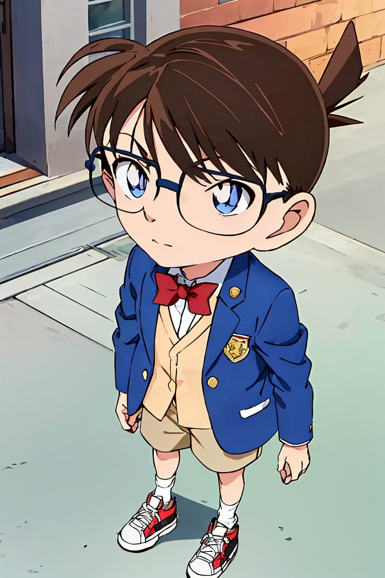 (best quality, masterpiece),1boy, solo,skateboarding, glasses, blue eyes, male child, male focus, bowtie, shorts, red bowtie, bow, brown hair, blue jacket, red bow, long sleeves, shoes, sneakers, jacket