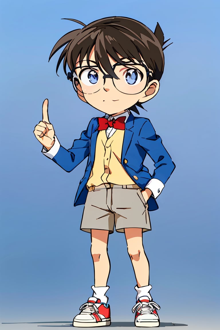 1boy, male child, glasses, one eye closed, male focus, blue eyes, solo, red bow, bowtie, grey shorts, brown hair, red bowtie, bow, blue jacket, shorts, pointing, child, white socks, sneakers, shoes, looking at viewer, jacket, full body, standing, hand in pocket, bangs, pointing at viewer, short hair, black-framed eyewear, socks, shirt, blue background, closed mouth, hair between eyes, white shirt