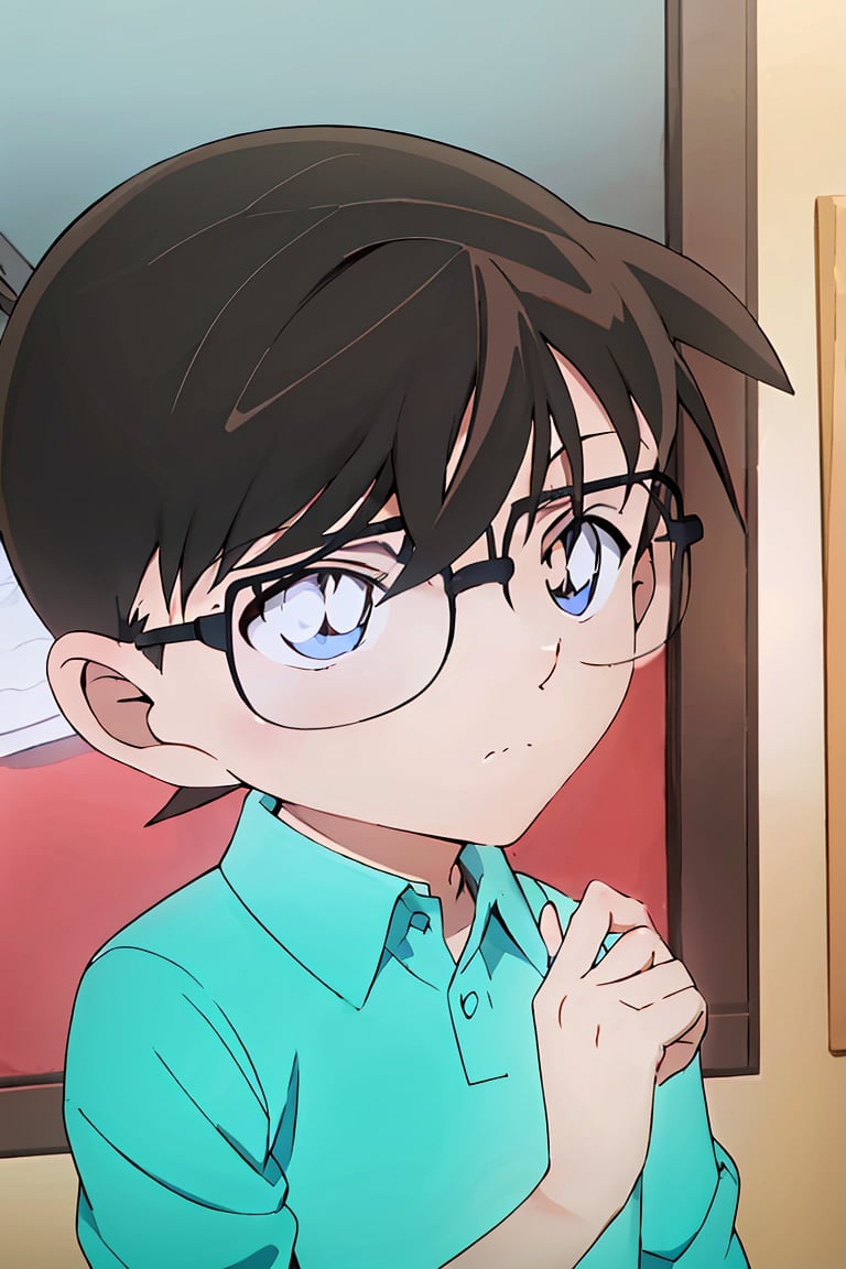 (best quality, masterpiece),1boy, male focus, glasses, blue eyes, shirt, solo, male child, black-framed eyewear, green shirt, hand on own chin, collared shirt, thinking, closed mouth, bangs, short hair, stroking own chin, hair between eyes, brown hair, traditional media, black hair, upper body